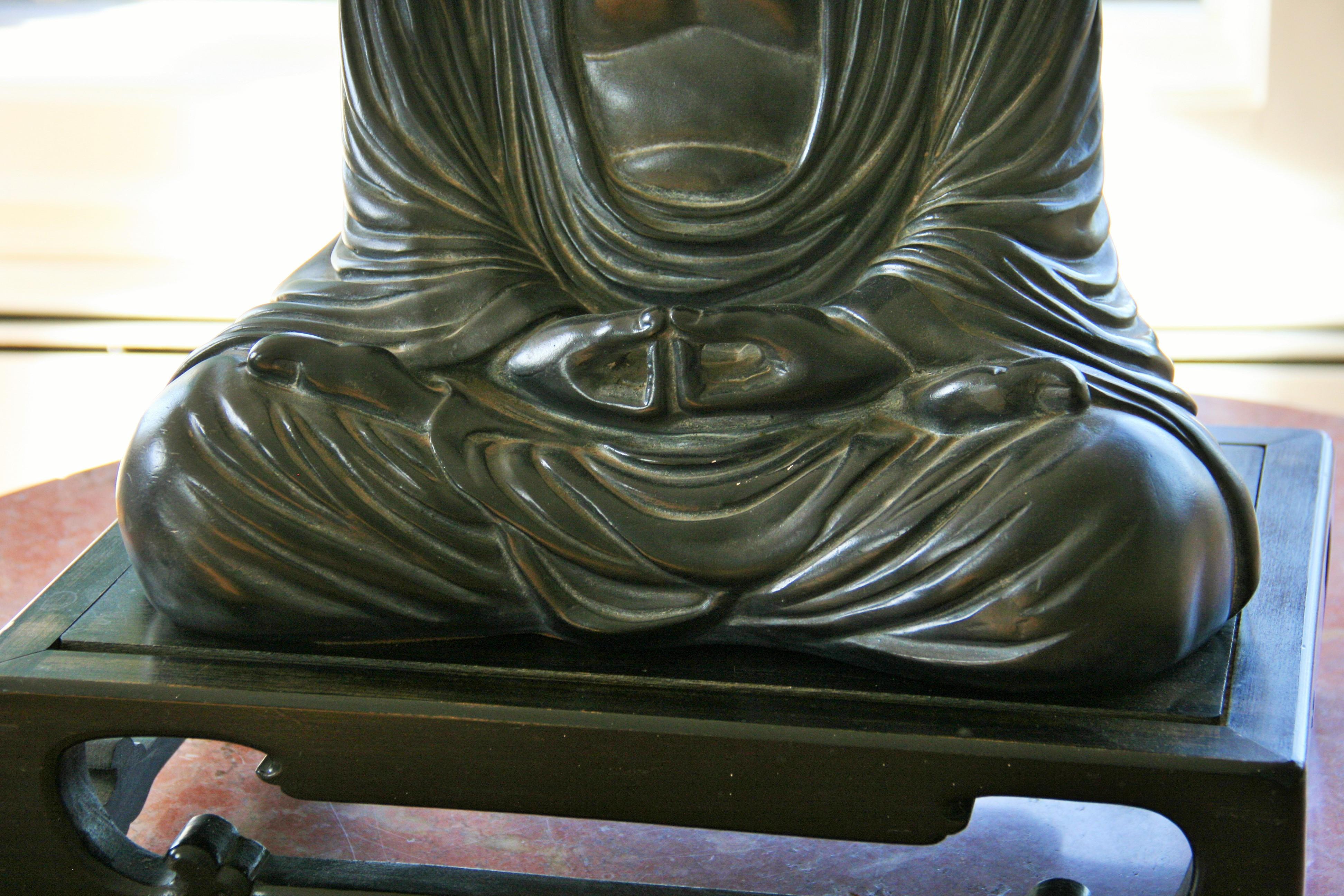 Japanese Buddha Sculpture on Wood Base In Good Condition In Douglas Manor, NY