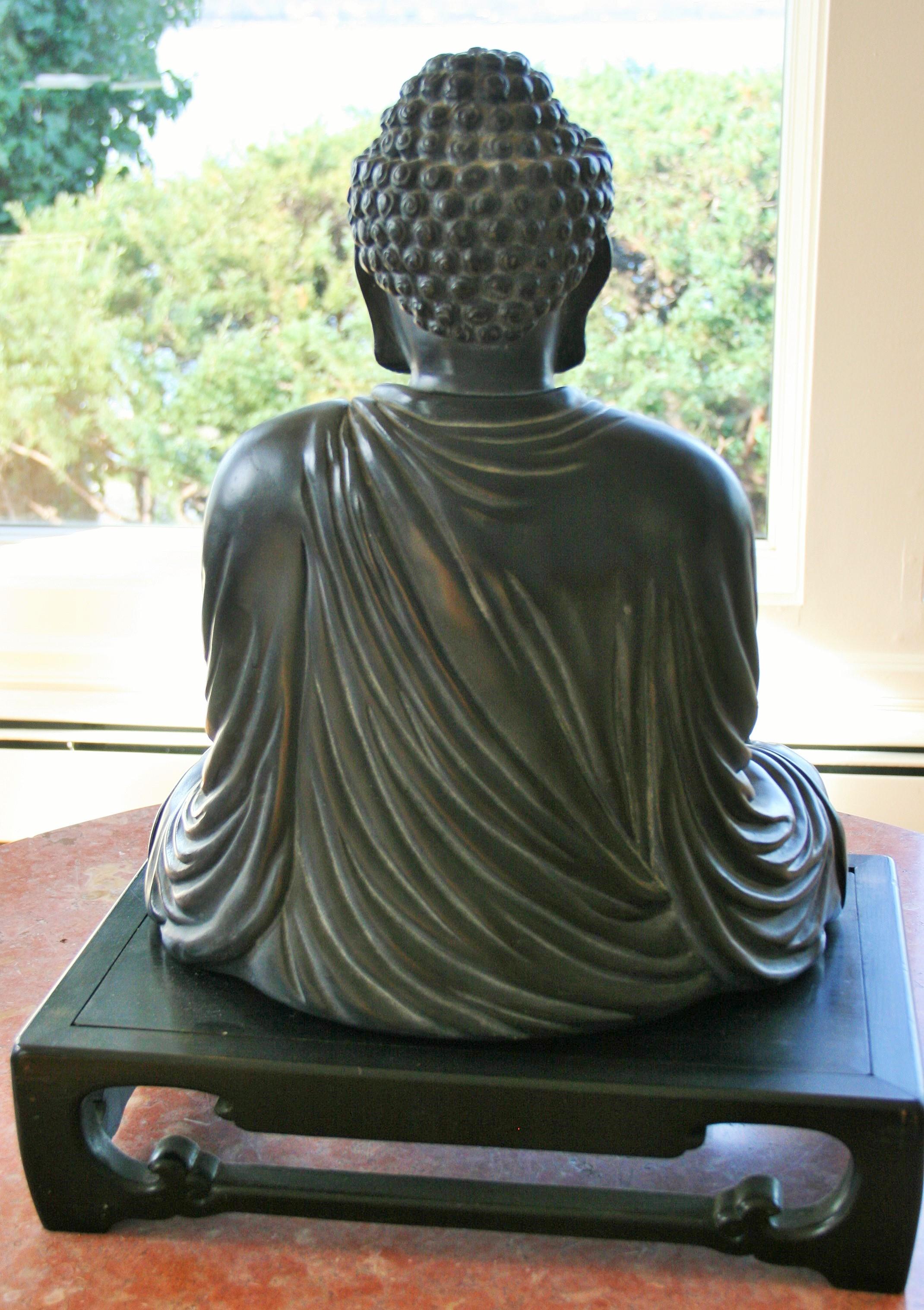 Plaster Japanese Buddha Sculpture on Wood Base