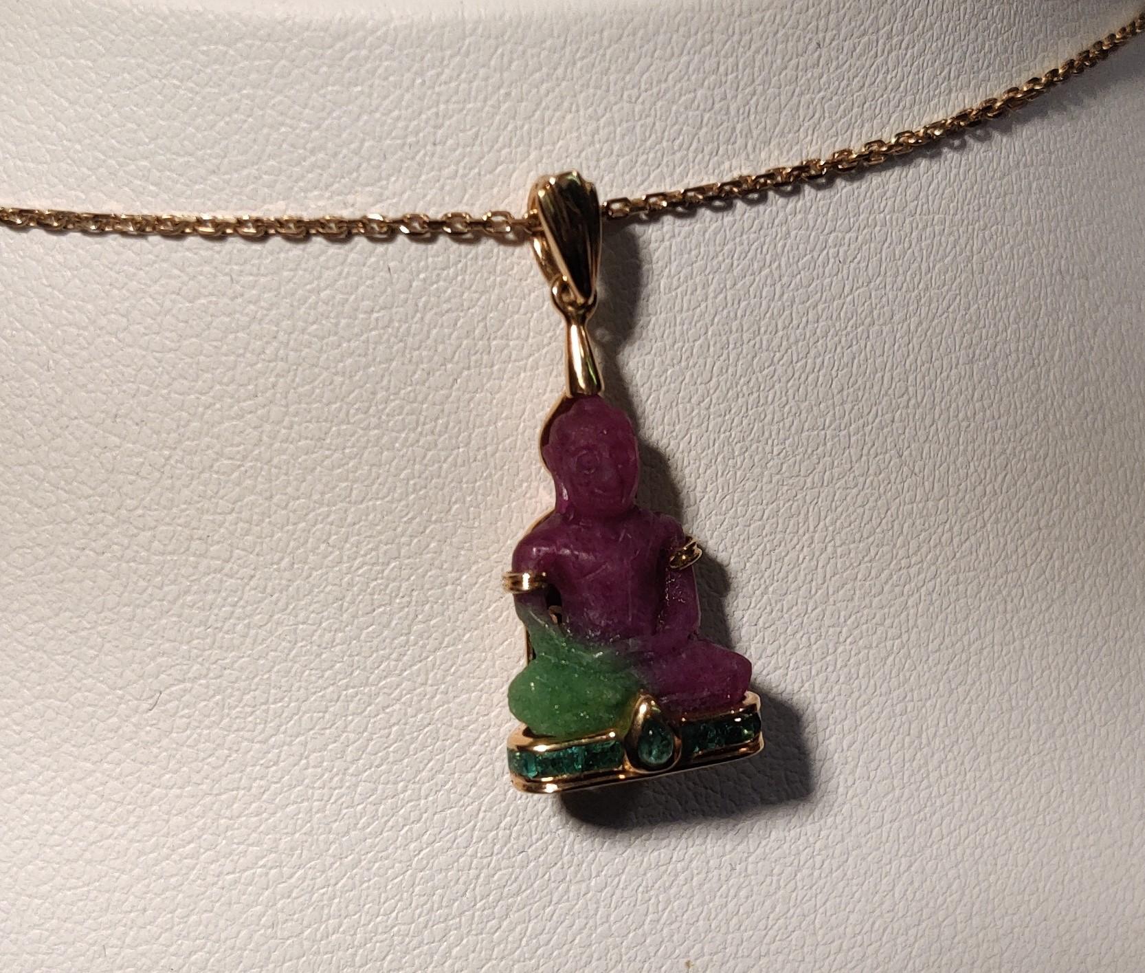 Women's or Men's Buddha Pendant Ruby-Zoisite 18 Kt Gold. Necklace