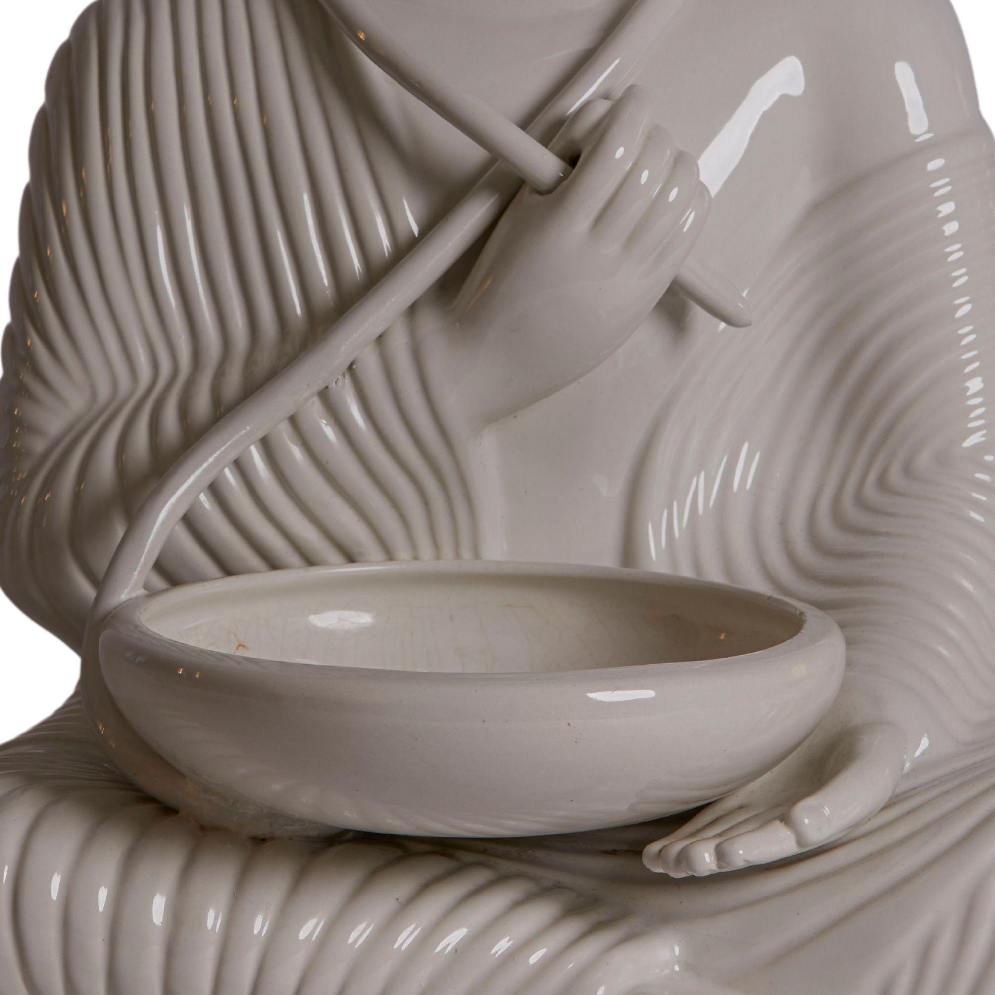 Escultura y cuenco de cerámica esmaltada Blanc Budista, Italia Años 80 Glaseado en venta