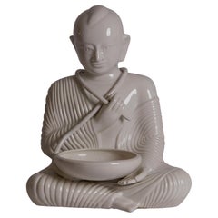 Escultura y cuenco de cerámica esmaltada Blanc Budista, Italia Años 80