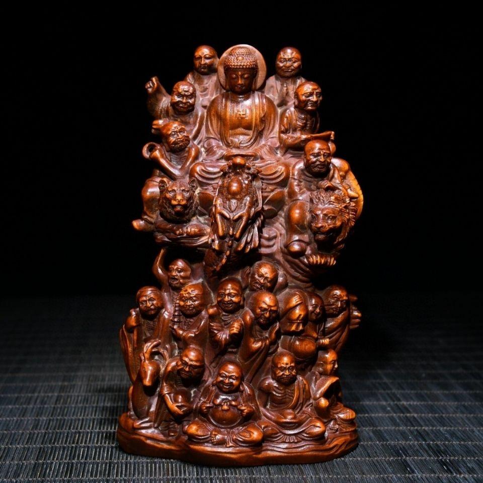 This old Eighteen Arhats Worship the Buddha Wood Sculpture is a very exquisite unique art, the so-called 