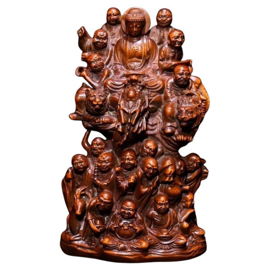 Buddhist Eighteen Arhats Worship the Buddha Wood Sculpture For Sale