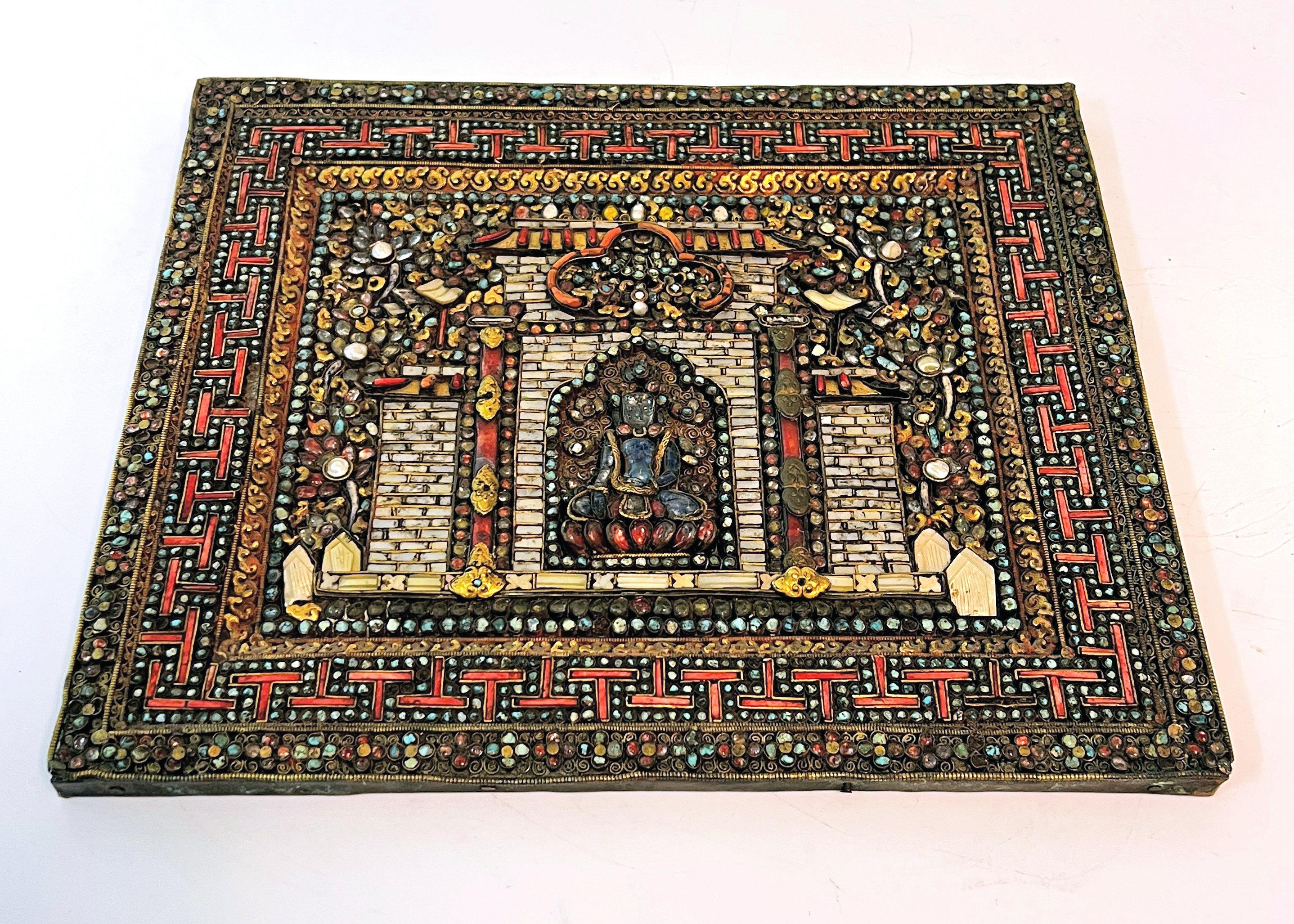 Tibetan Buddhist Gilt Metal Filigree Gem-Set Votive Plaque