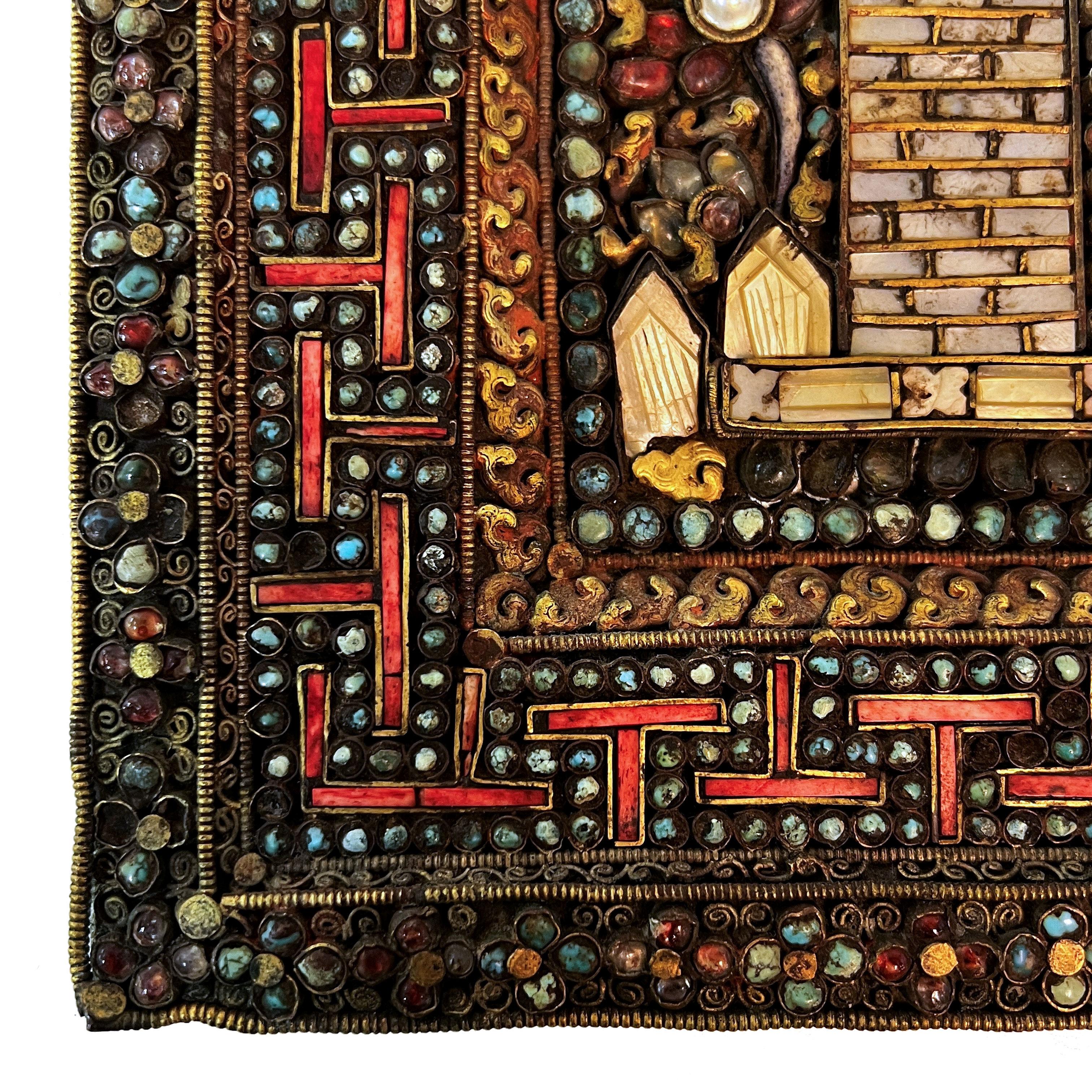 Nepalese Buddhist Gilt Metal Filigree Gem-Set Votive Plaque