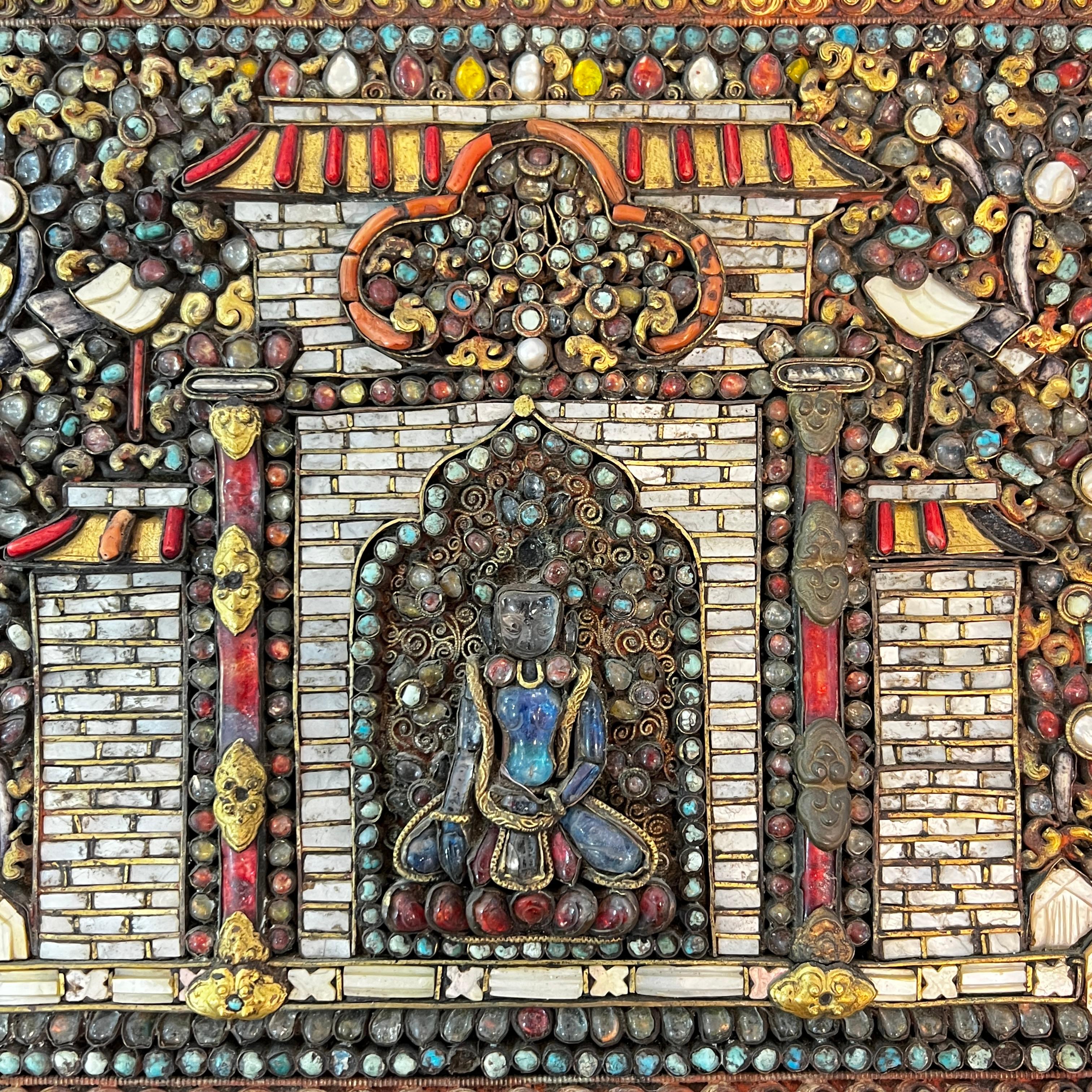 19th Century Buddhist Gilt Metal Filigree Gem-Set Votive Plaque