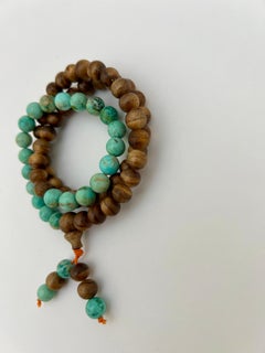 Unisex Buddhist-Inspired Oud Wood & Turquoise Beaded Necklace/Bracelet, 52cm