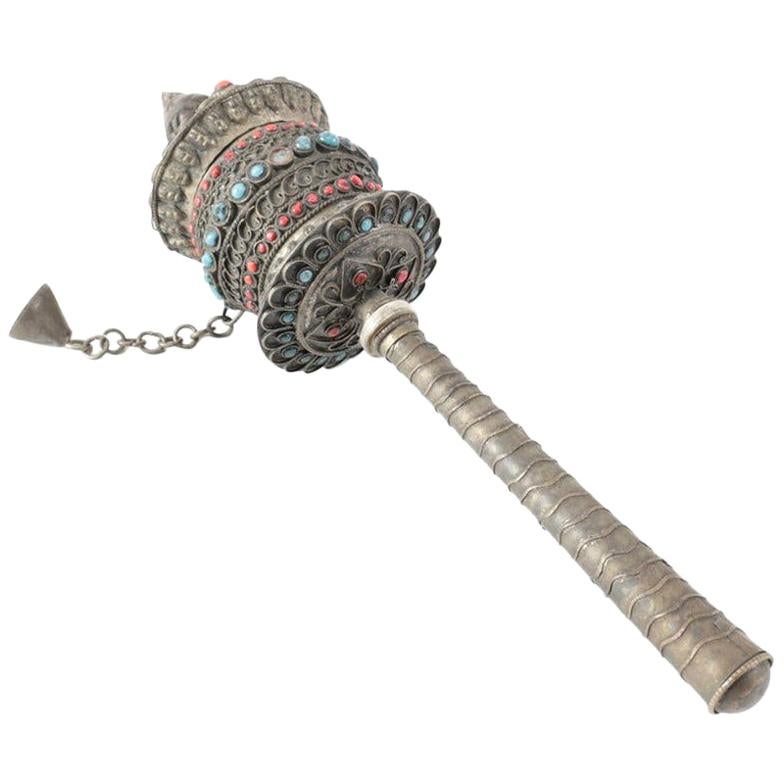 Buddhist Mani Prayer Wheel with Turquoise and Coral, 19th Century For Sale