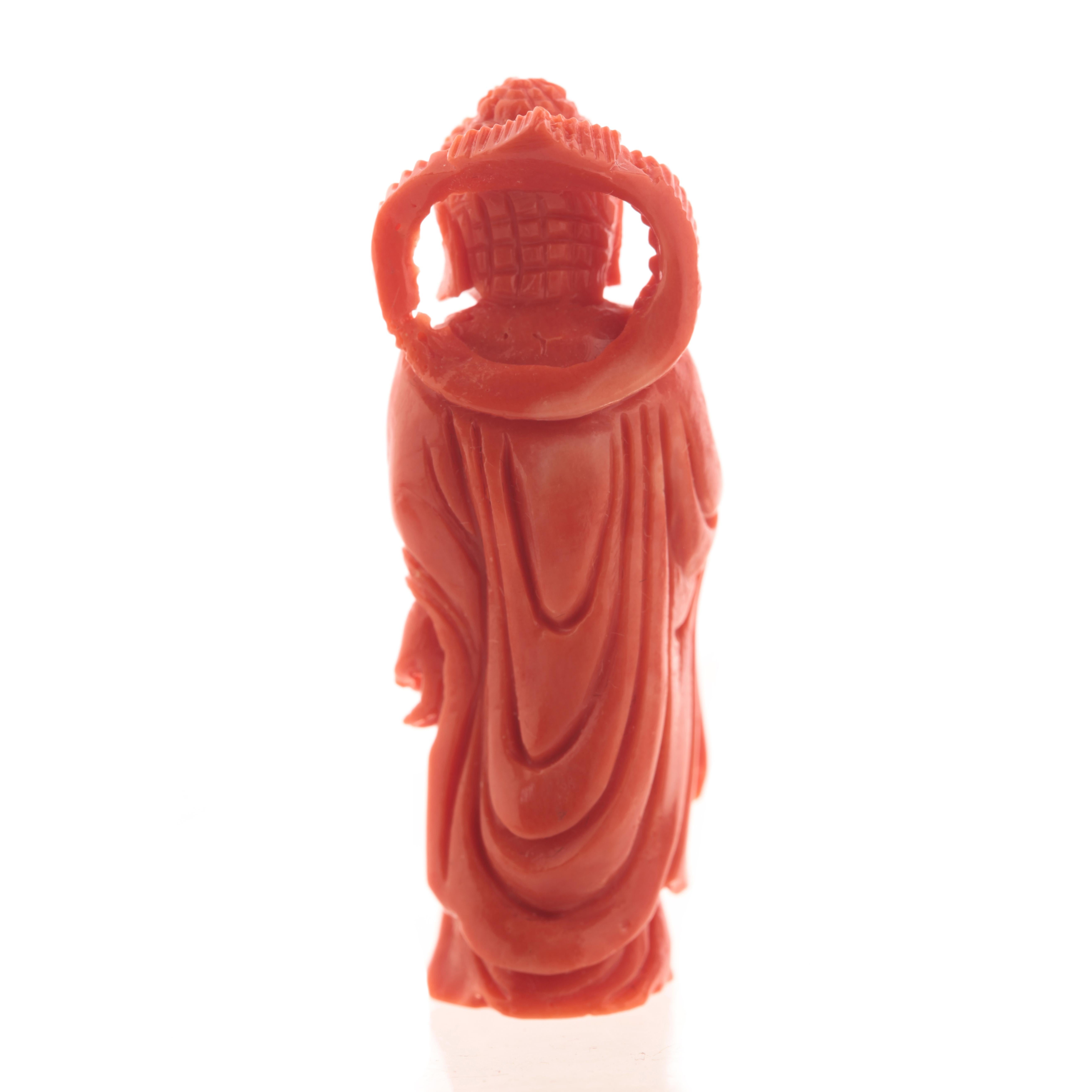 Chinese Export Buddhist Monk Carved Asian Decorative Art Statue Sculpture Natural Red Cor For Sale