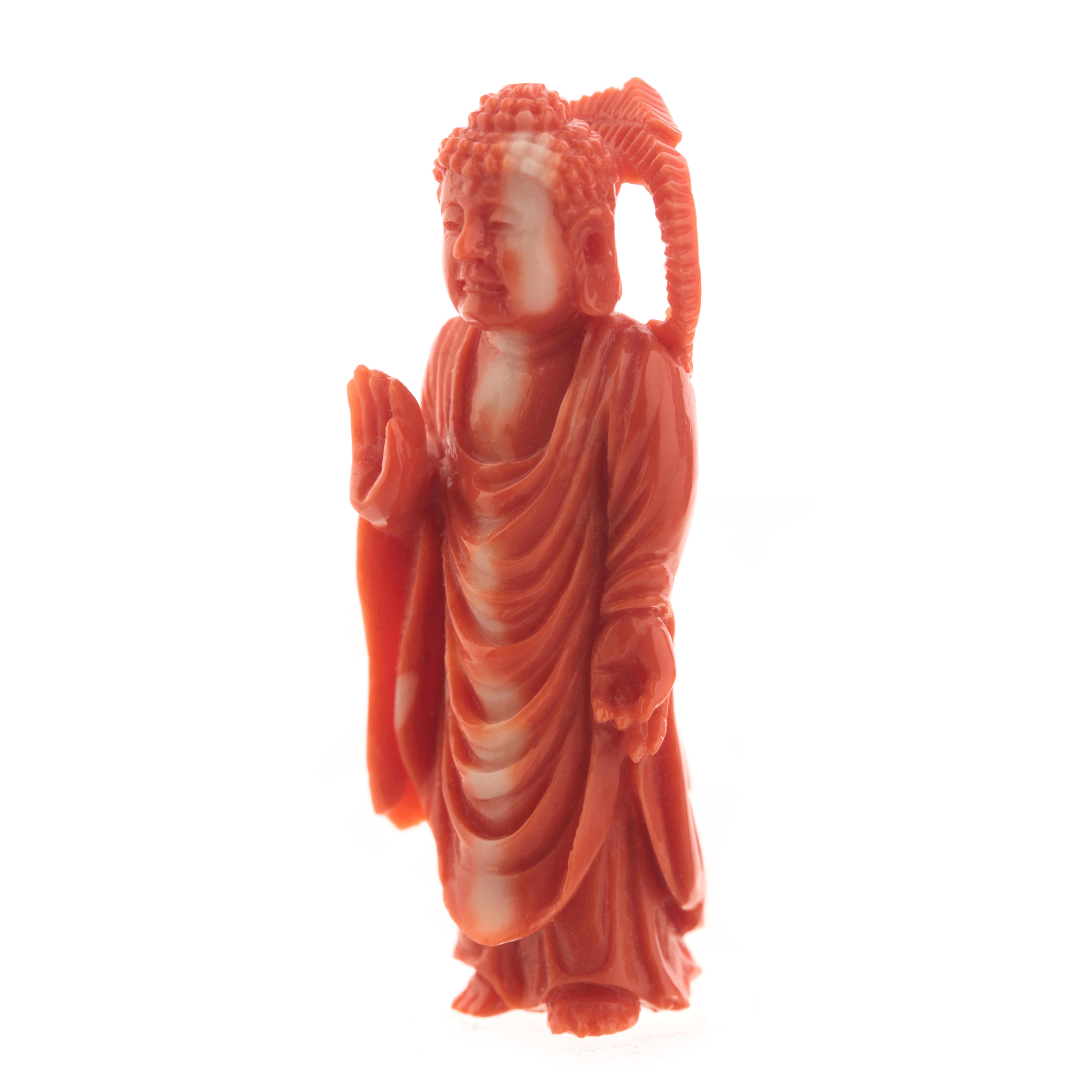 20th Century Buddhist Monk Carved Asian Decorative Art Statue Sculpture Natural Red Cor For Sale