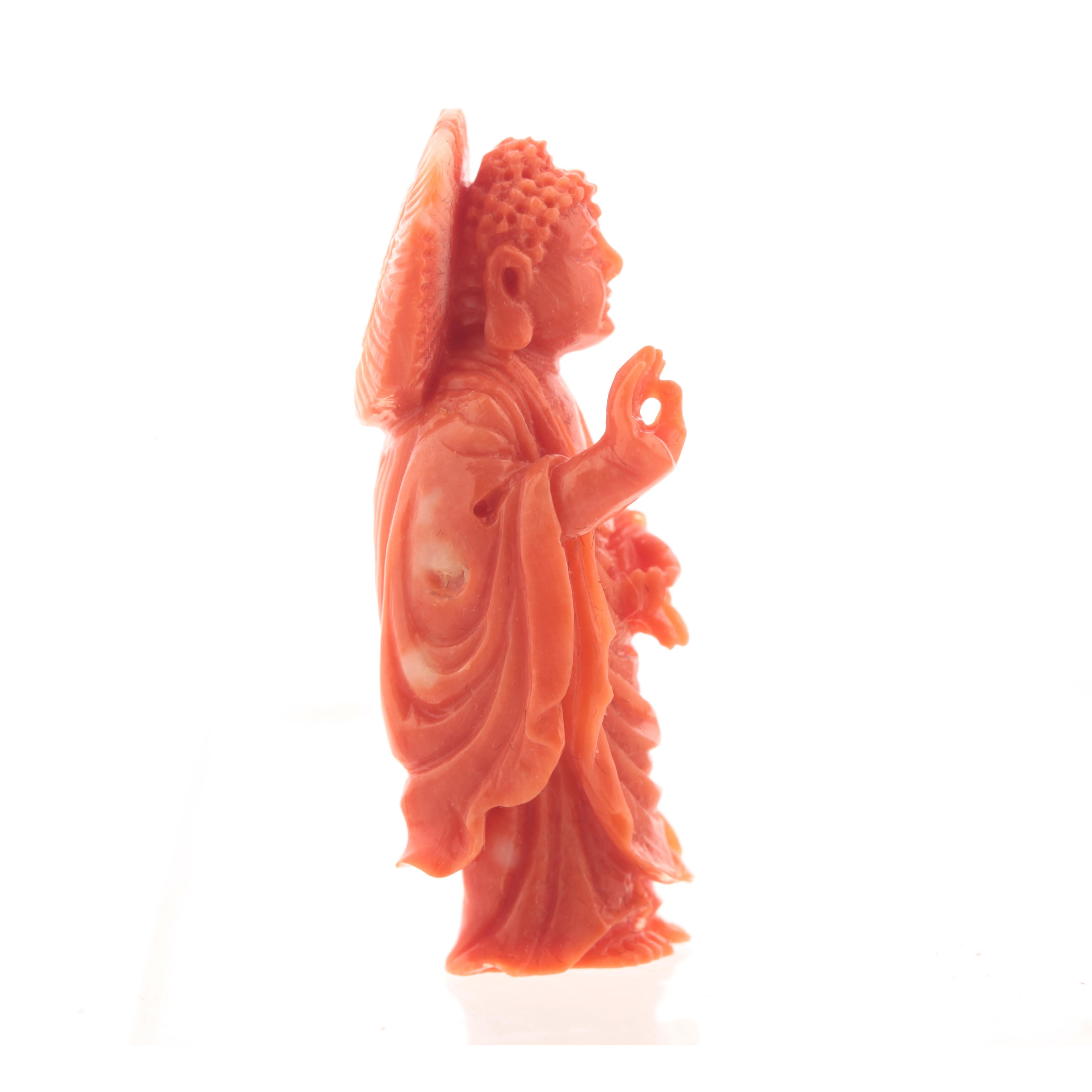 Chinese Export Buddhist Monk Carved Asian Decorative Art Statue Sculpture Natural Red Coral For Sale