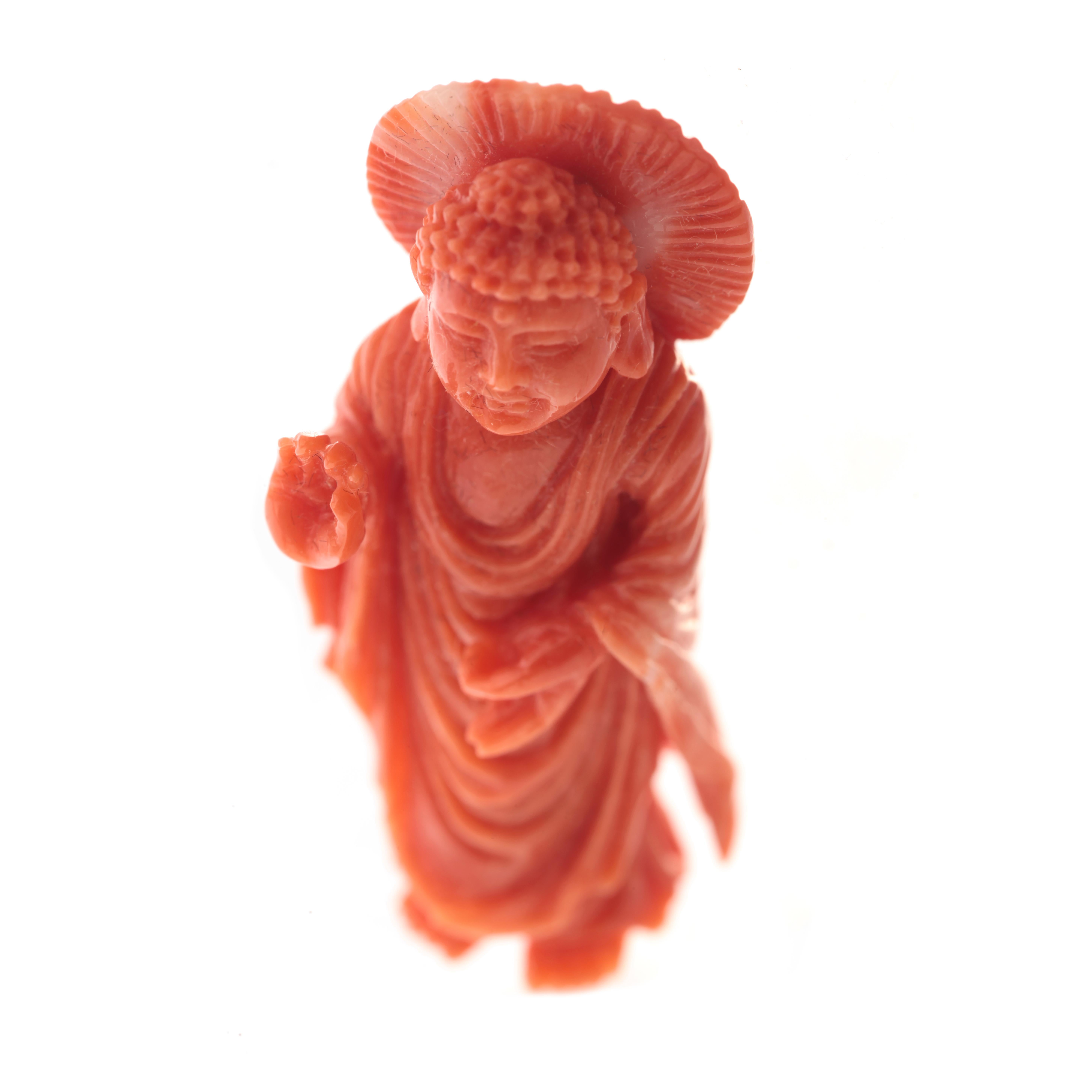 Chinese Buddhist Monk Carved Asian Decorative Art Statue Sculpture Natural Red Coral For Sale