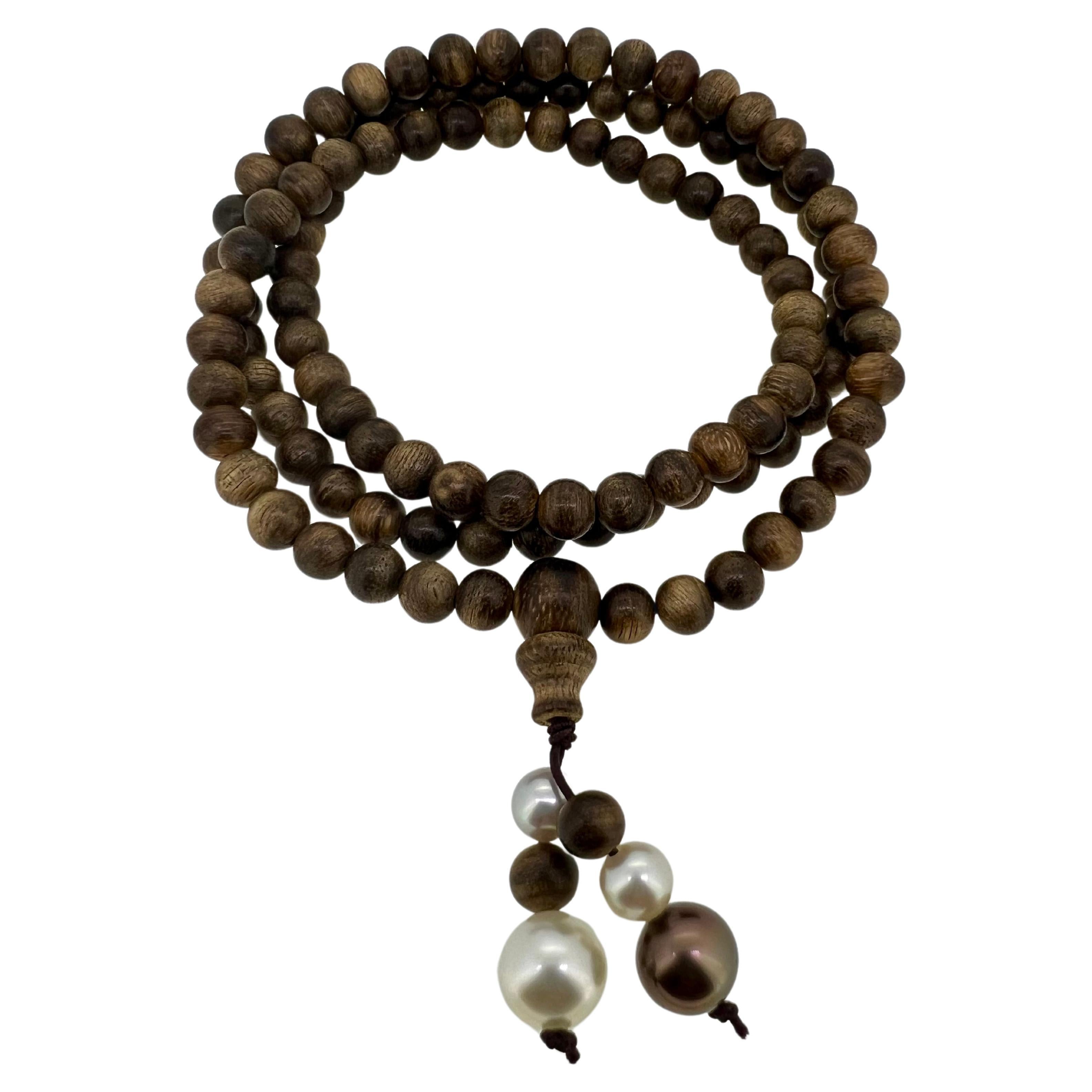 Buddhist Necklace/ Bracelet, Oud Wood Beads, Akoya & South Sea Pearls