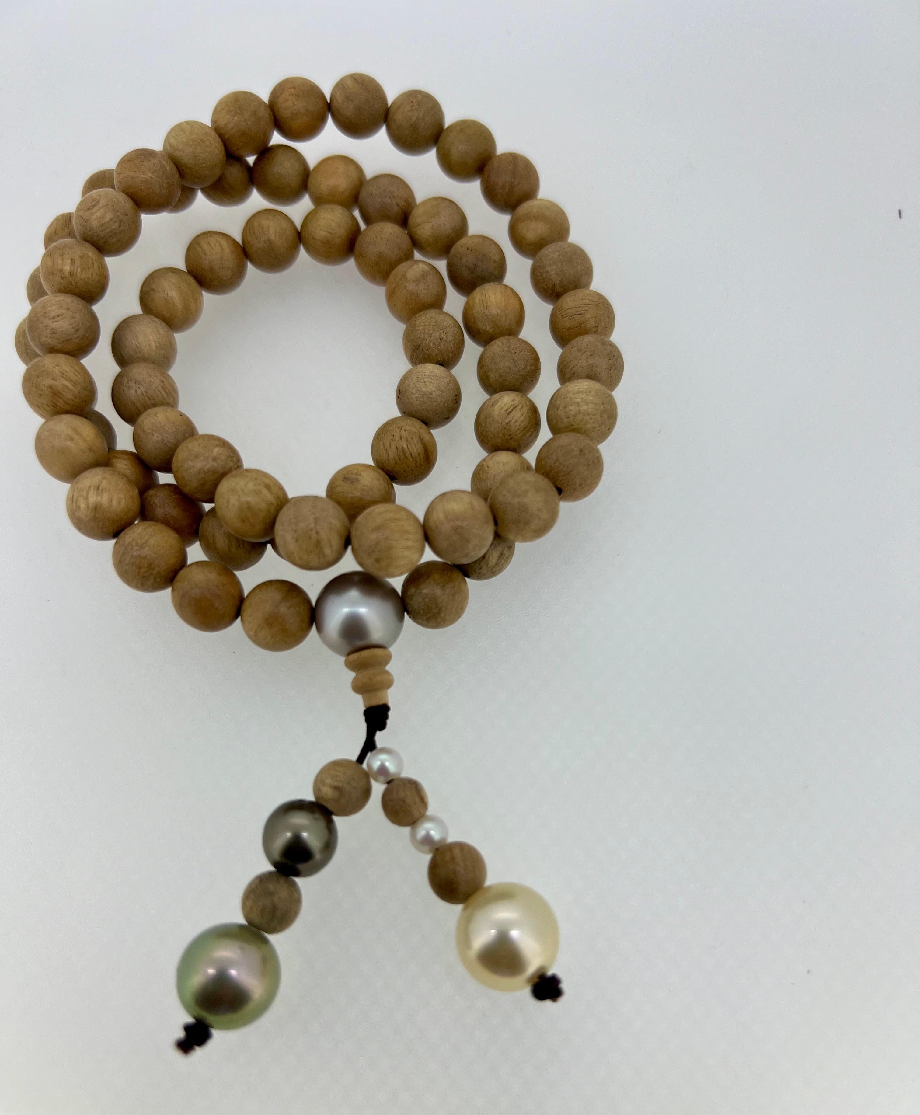 Buddhist Necklace/ Bracelet, Oud Wood Beads, Akoya, Tahiti and South Sea Pearls In New Condition In Boostedt, SH