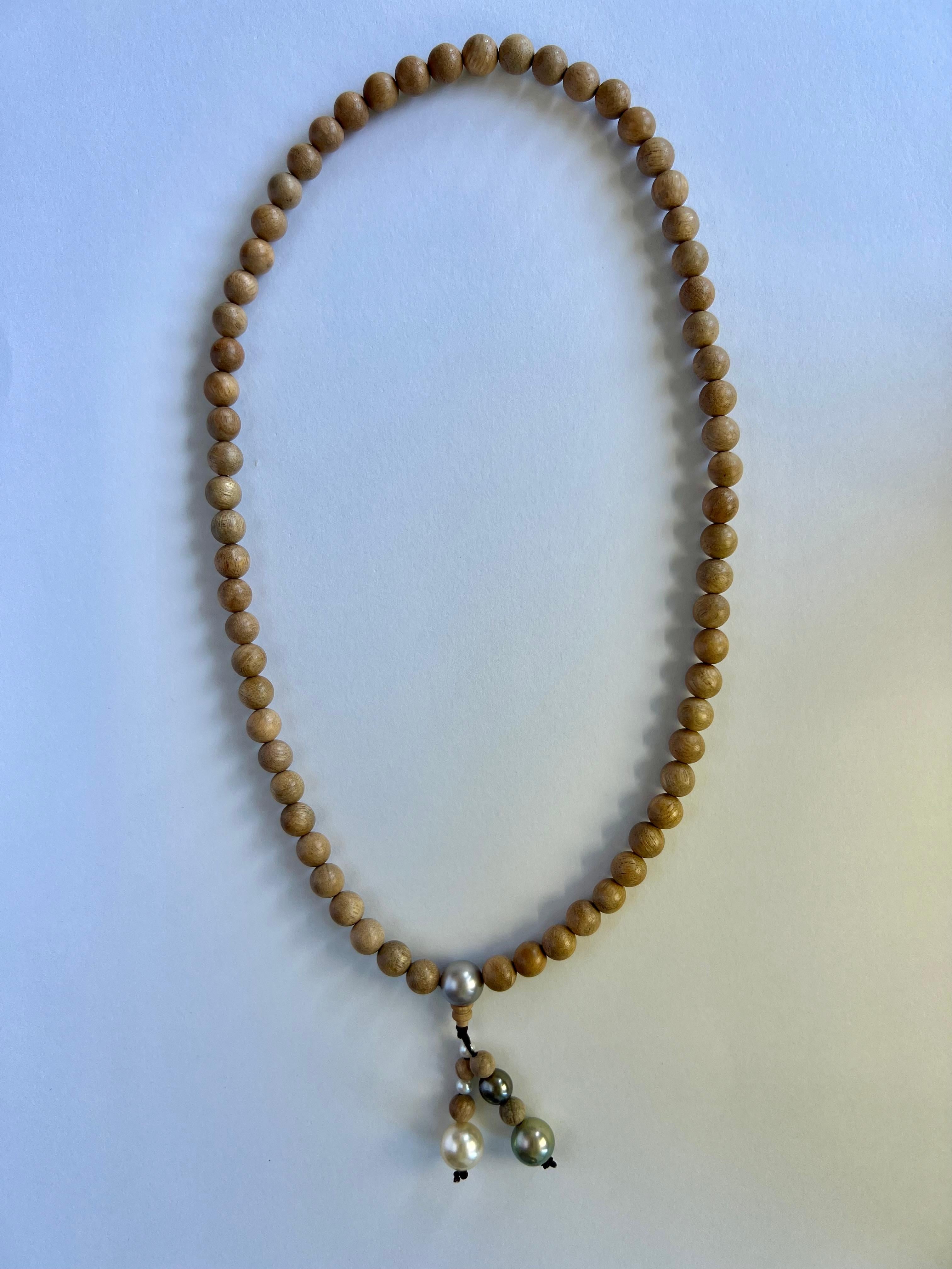 Women's or Men's Buddhist Necklace/ Bracelet, Oud Wood Beads, Akoya, Tahiti and South Sea Pearls