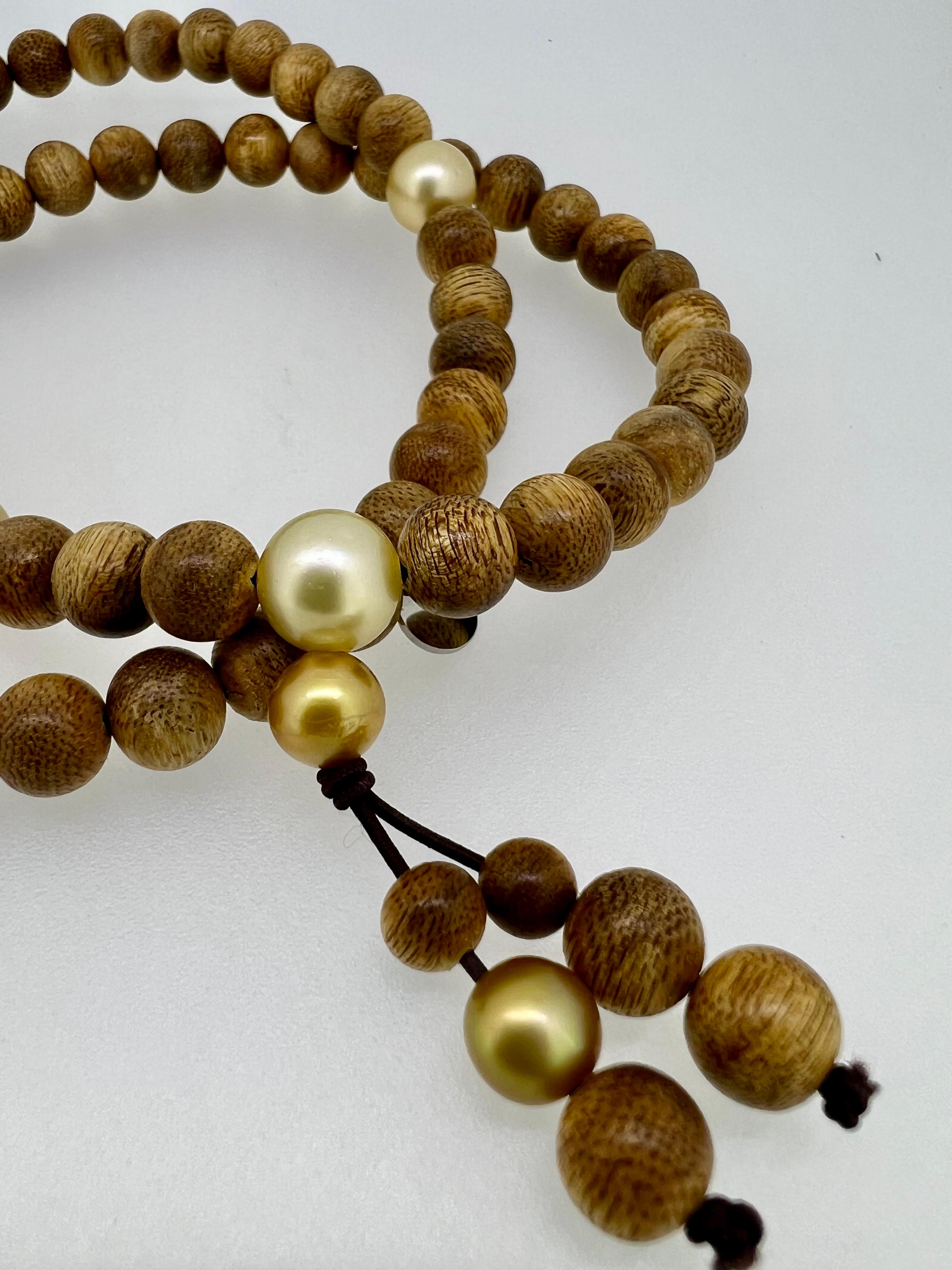 Women's or Men's Buddhist Necklace/ Bracelet, Oud Wood Beads, Golden South Sea Pearls For Sale
