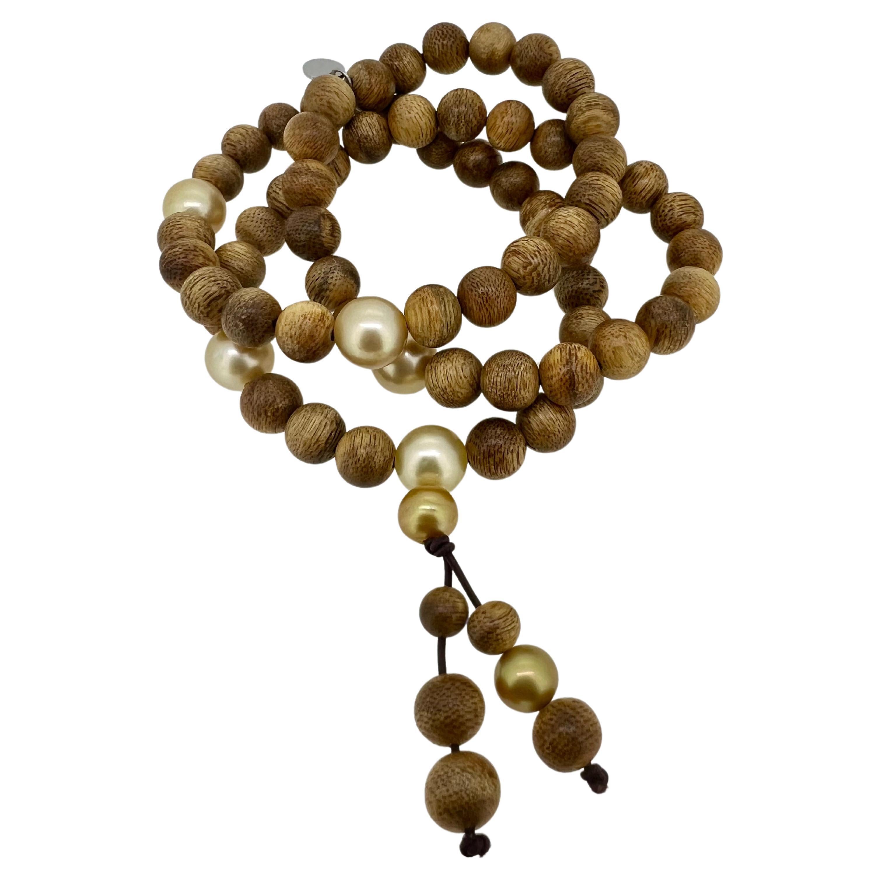 Collar/Pulsera Budista, Cuentas de Madera de Oud, Perlas Doradas del Mar del Sur