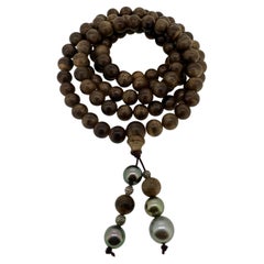 Buddhist Necklace/ Bracelet, Oud Wood, Tahiti Pearls & Diamond Encrusted Beads