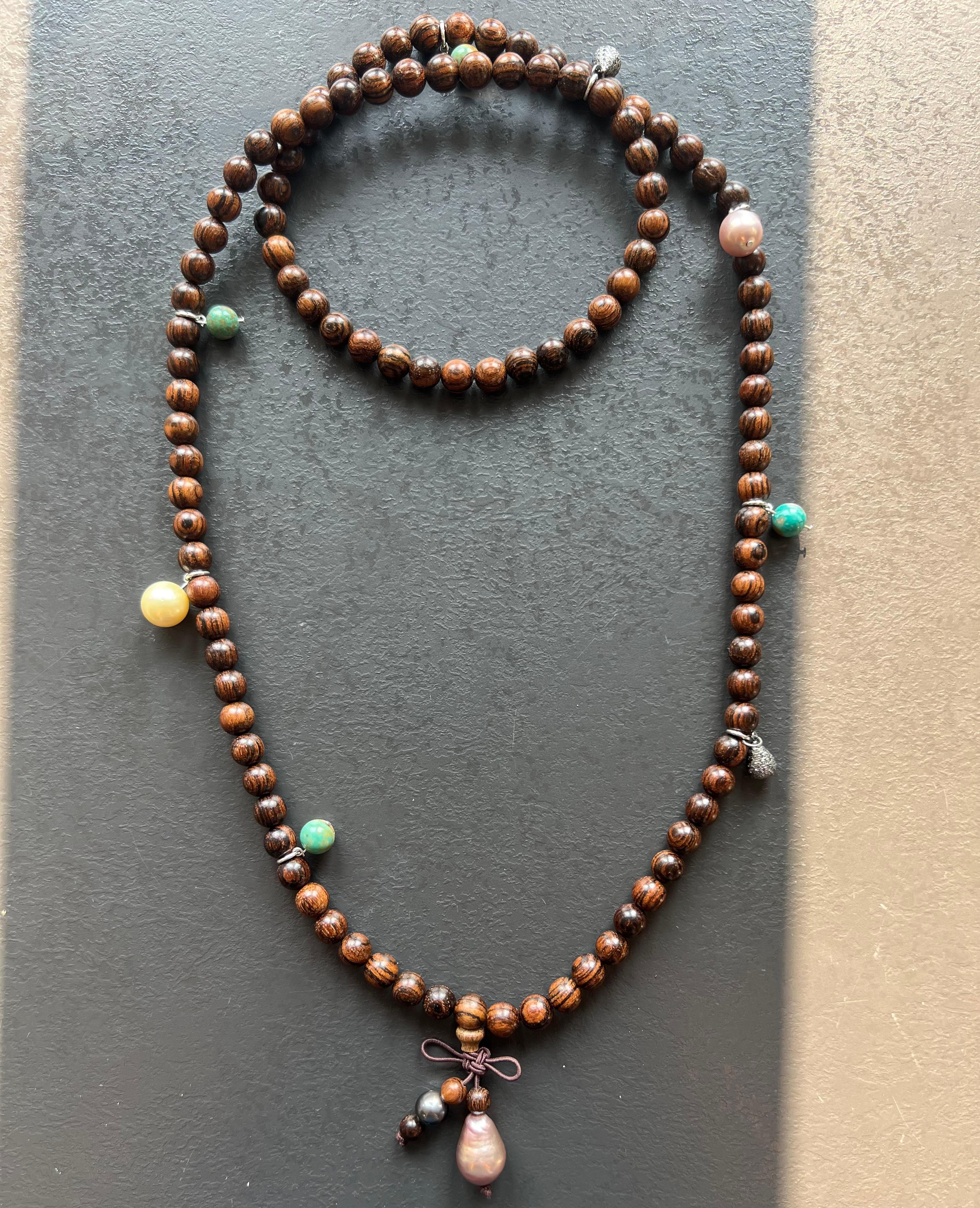 Buddhist Necklace/ Bracelet, Sandal Wood, Tahiti+South Sea Pearls, Turquoises For Sale 6