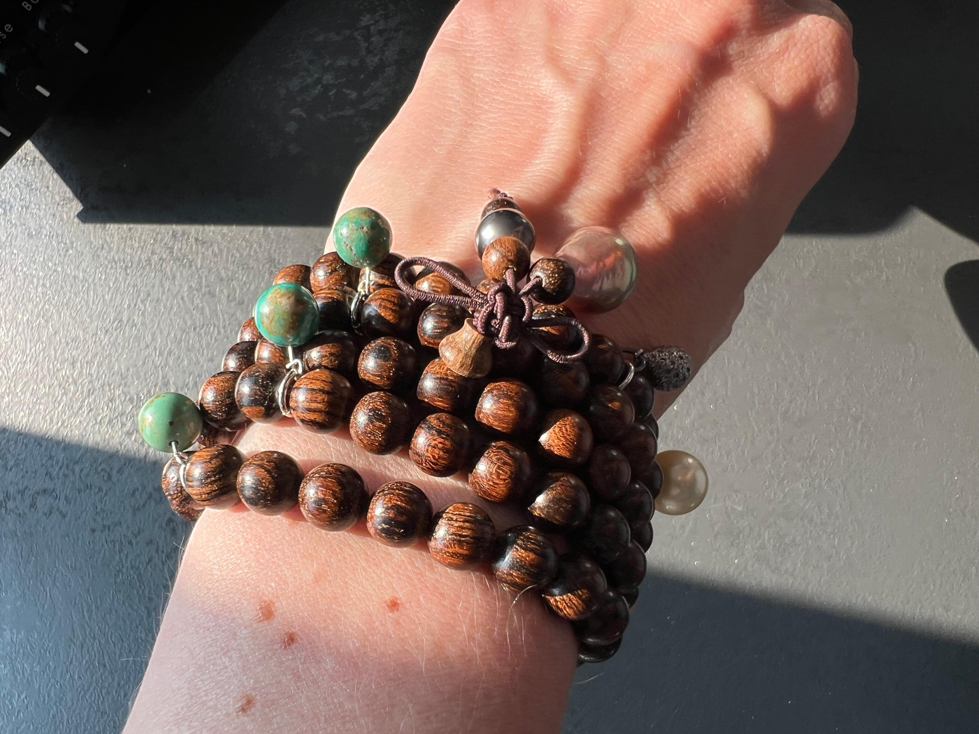 Bead Buddhist Necklace/ Bracelet, Sandal Wood, Tahiti+South Sea Pearls, Turquoises For Sale
