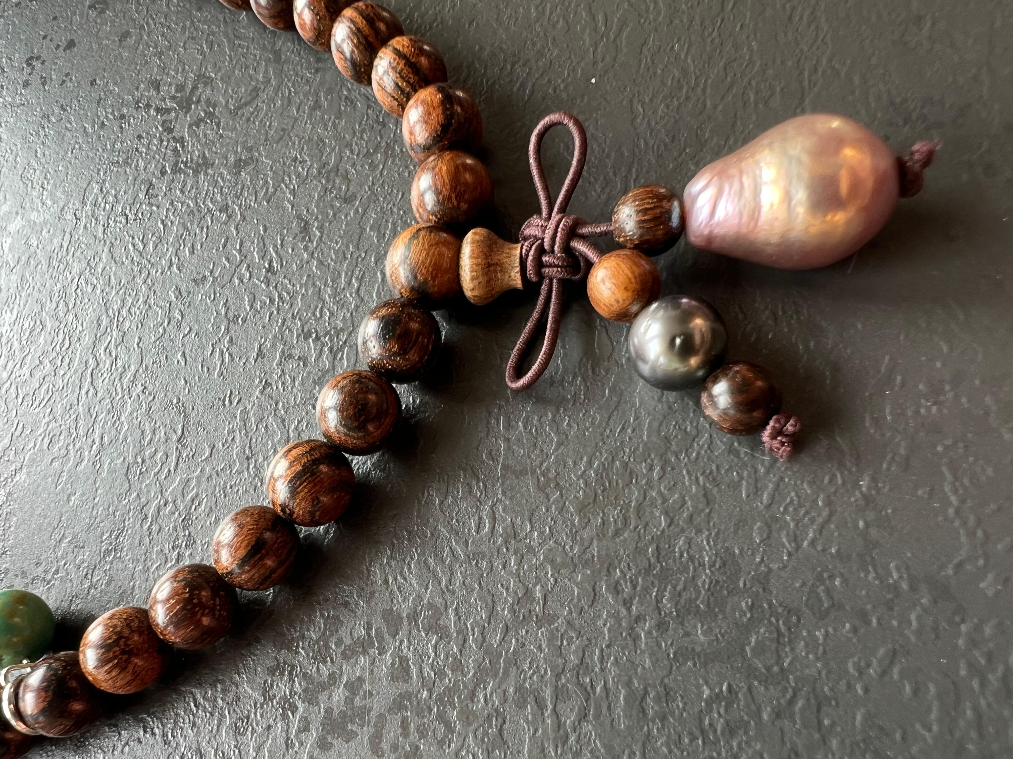 Buddhist Necklace/ Bracelet, Sandal Wood, Tahiti+South Sea Pearls, Turquoises For Sale 3