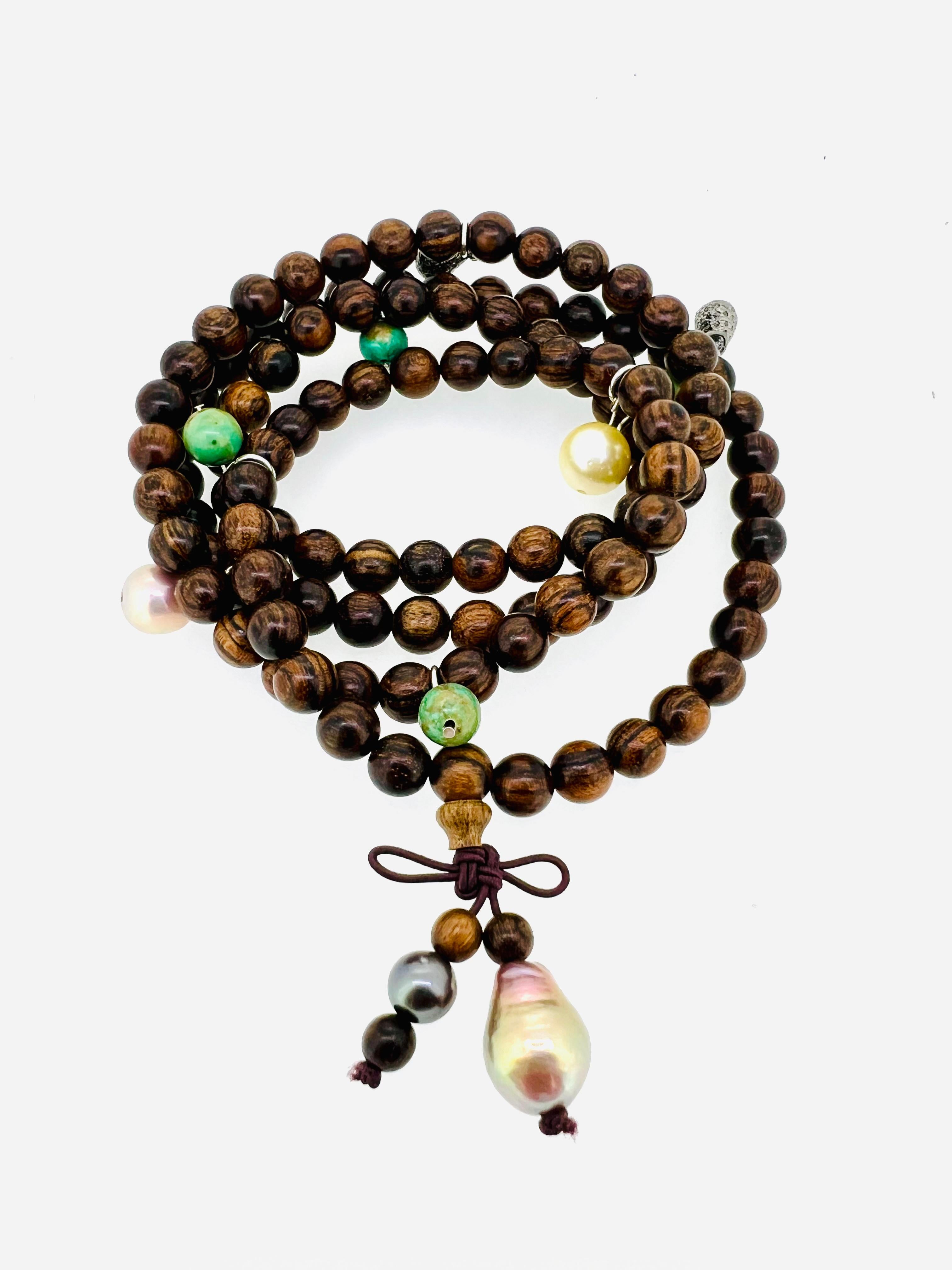 Buddhist Necklace/ Bracelet, Sandal Wood, Tahiti+South Sea Pearls, Turquoises For Sale 4