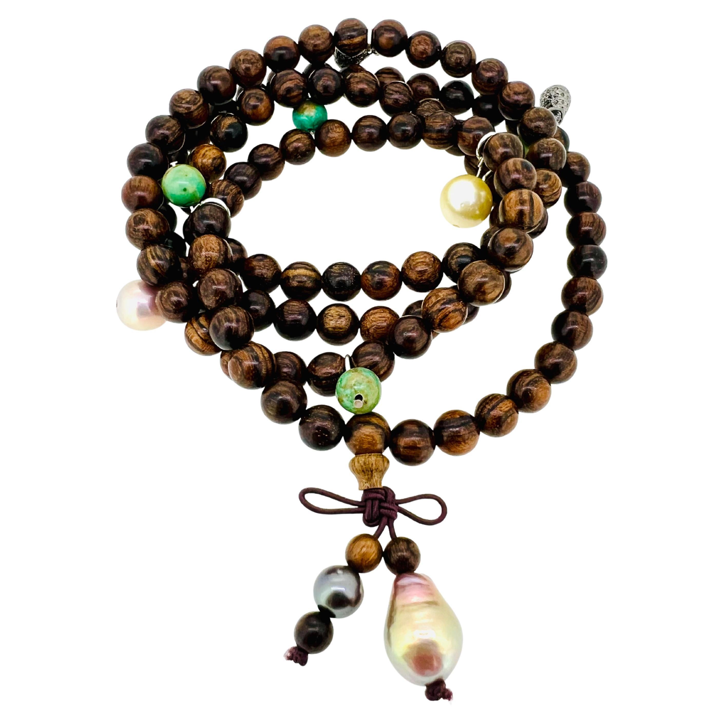Buddhist Necklace/ Bracelet, Sandal Wood, Tahiti+South Sea Pearls, Turquoises For Sale