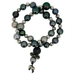 Buddhist Prayer inspired Bracelet with Tahiti Pearls and Silver Beads