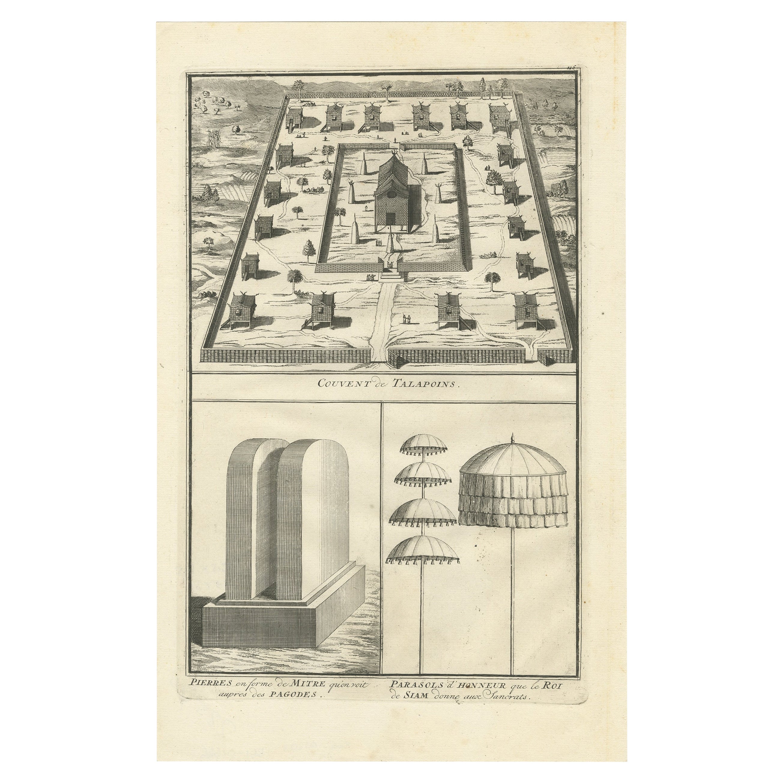 Talapoins bouddhistes à côté de pagodes et de parasols offerts par le roi du Siam, vers 1730