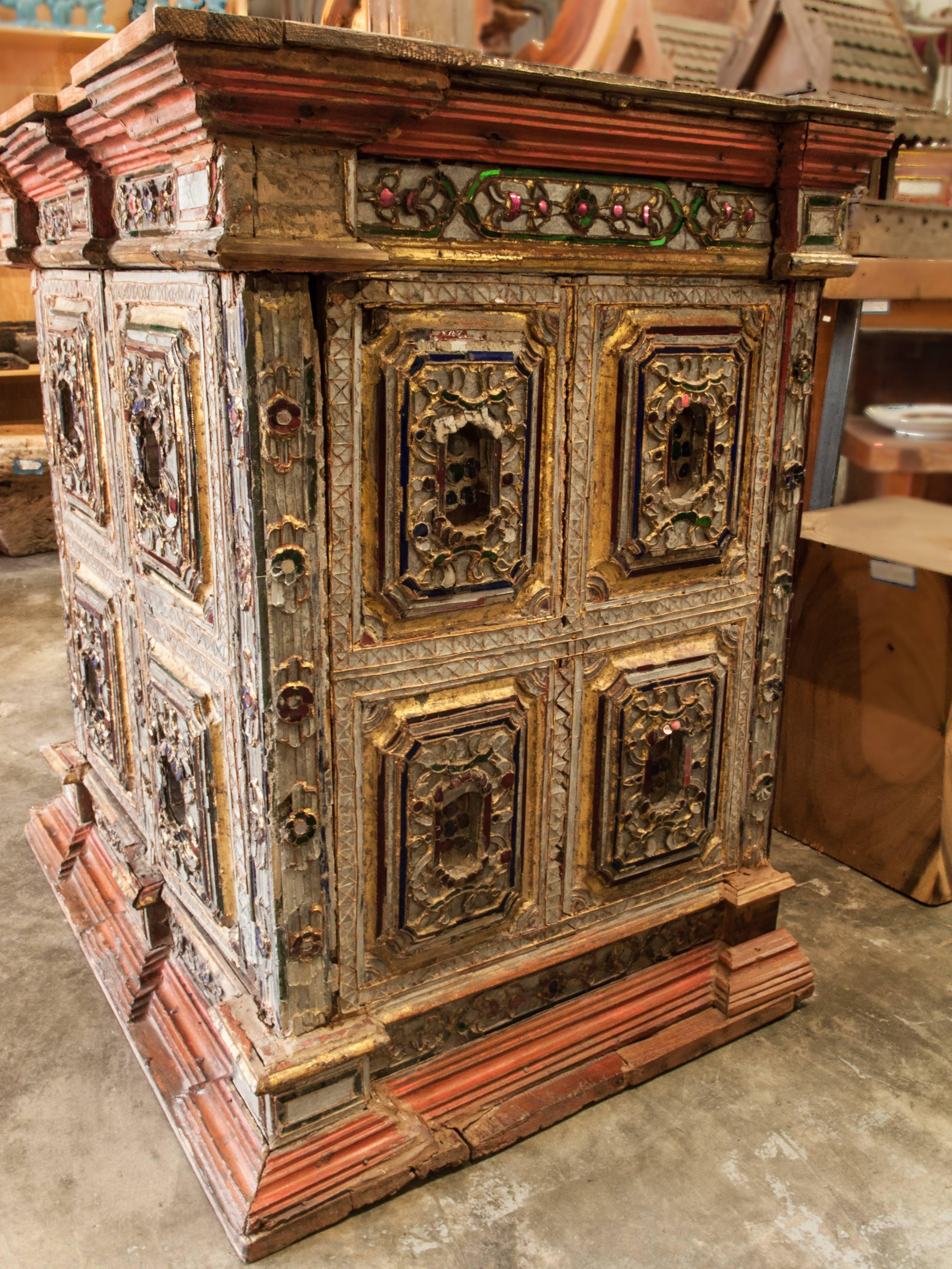 Hand-Crafted Buddhist Teak Scripture Cabinet from Burma with Inlay Glass, Early 20th Century