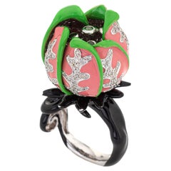 Budding Flower Ring Enamel Diamond Tsavorite Garnet Cocktail Jewelry