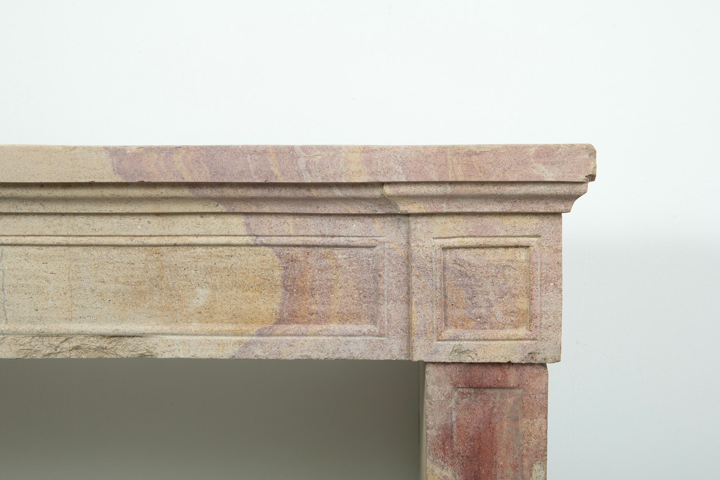 19th Century Budget-Friendly Louis XVI Paneled Fireplace in Rare Multicolored French Limeston For Sale