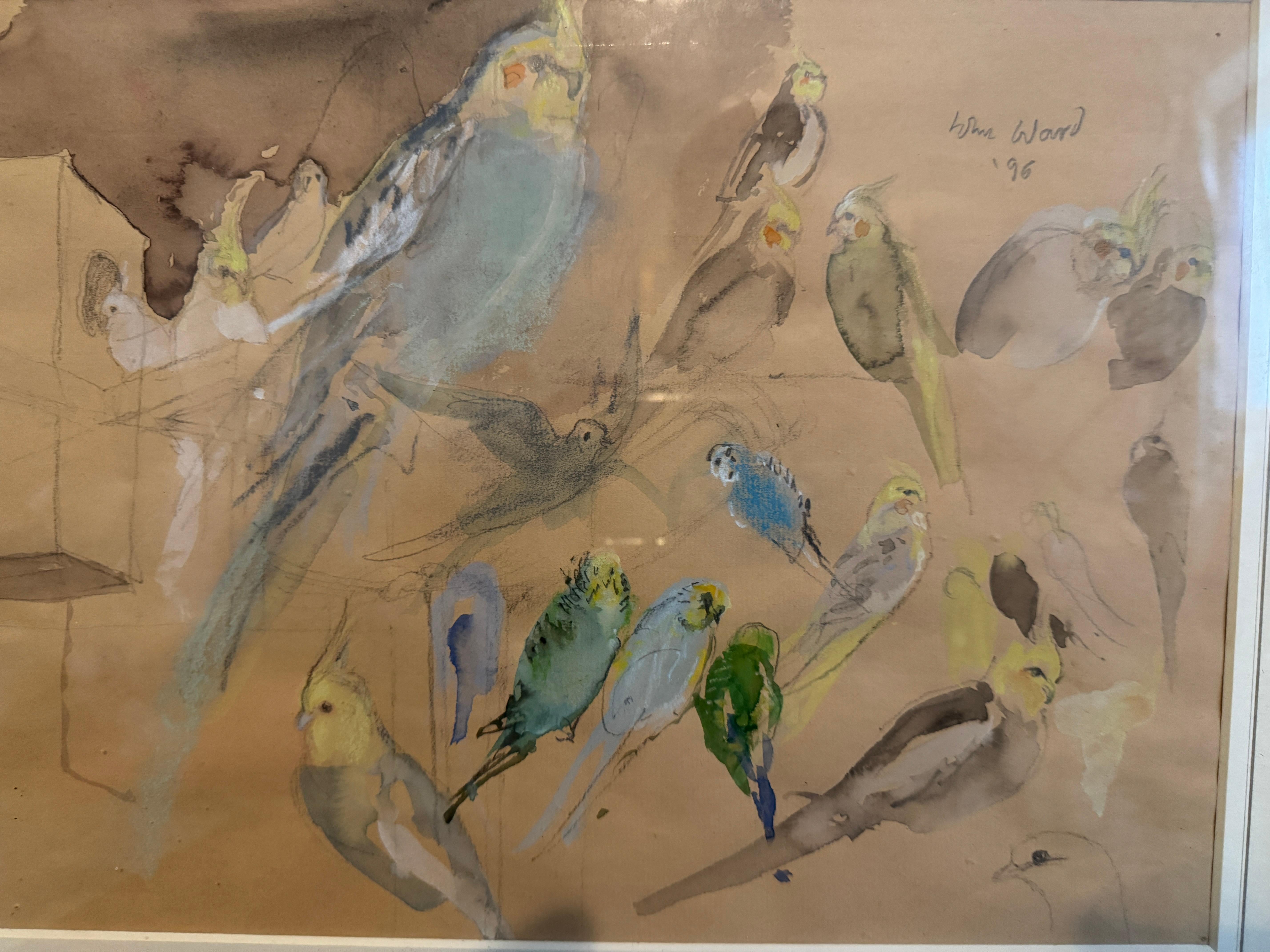 'Budgies and Cockatiels' by John Stanton Ward  (1917 - 2007) , Watercolour & Pencil, glazed and framed. Signed and dated top right corner. 

Frame size 13