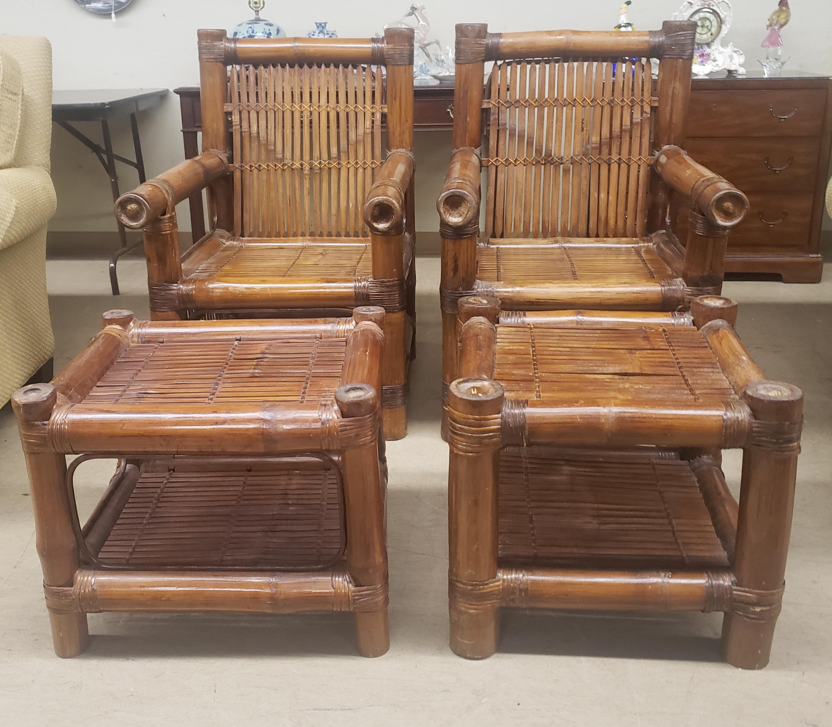 Budji Layug Style Majestic Pair of Bamboo Pagoda Lounge Chairs with underseat storage and Ottomans or two-tier side tables. Set in very good vintage condition. Chairs are 25