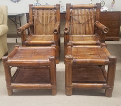 Budji Layug Style Majestic Jumbo Bamboo Pagoda Lounge Chairs W/ Ottomans, Pair