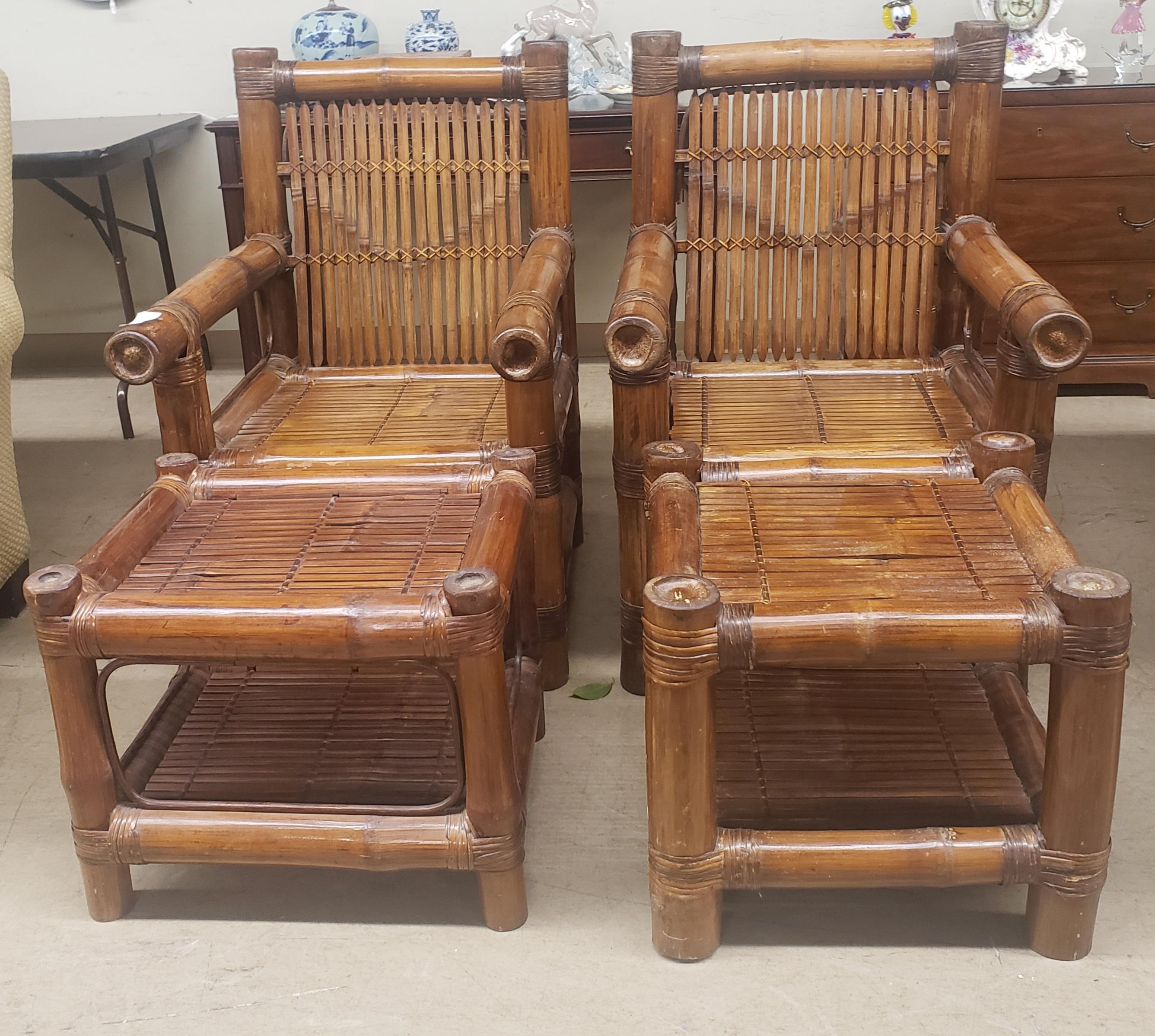 Bohemian Budji Layug Style Majestic Jumbo Bamboo Pagoda Lounge Chairs W/ Ottomans, Pair For Sale