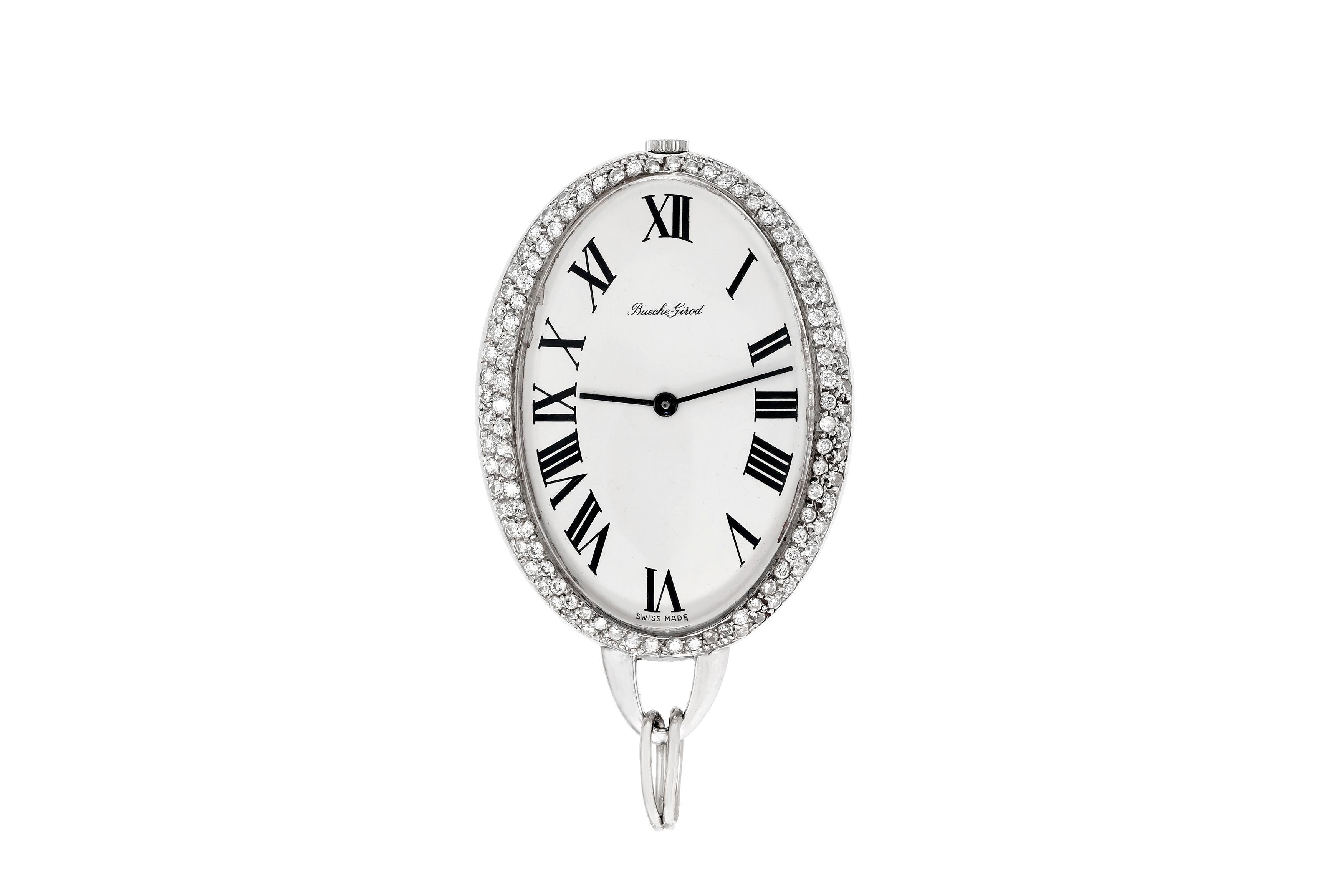 Beautiful Bueche-Girod pocket watch circa 1970 is finely crafted in platinum. The diamonds weigh approximately 6.00 carat.
