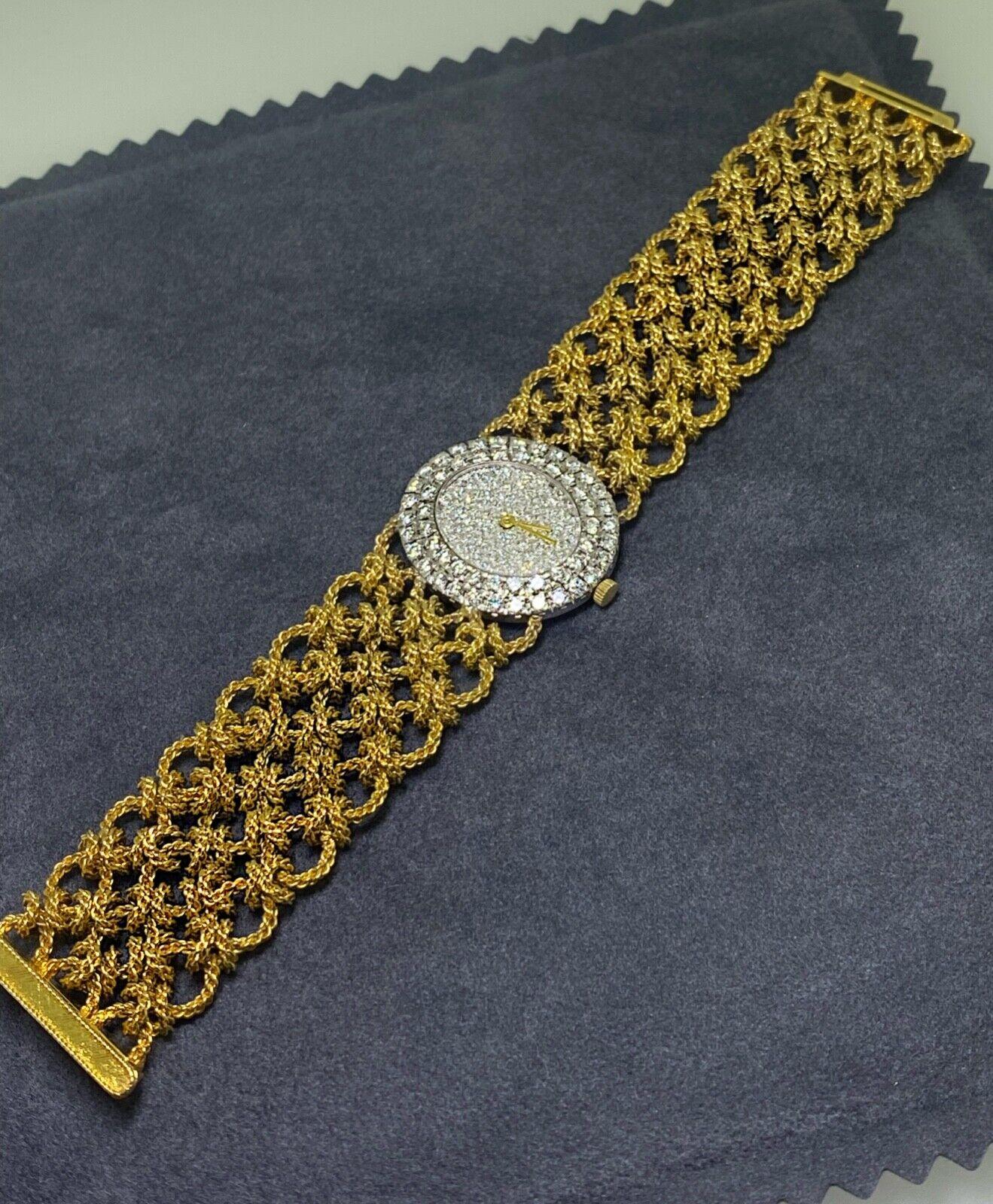 Round Cut Bueche-Girod 18k Gold & 5.00 Diamond Knitted Bracelet Dress Watch, Ref Y 9801