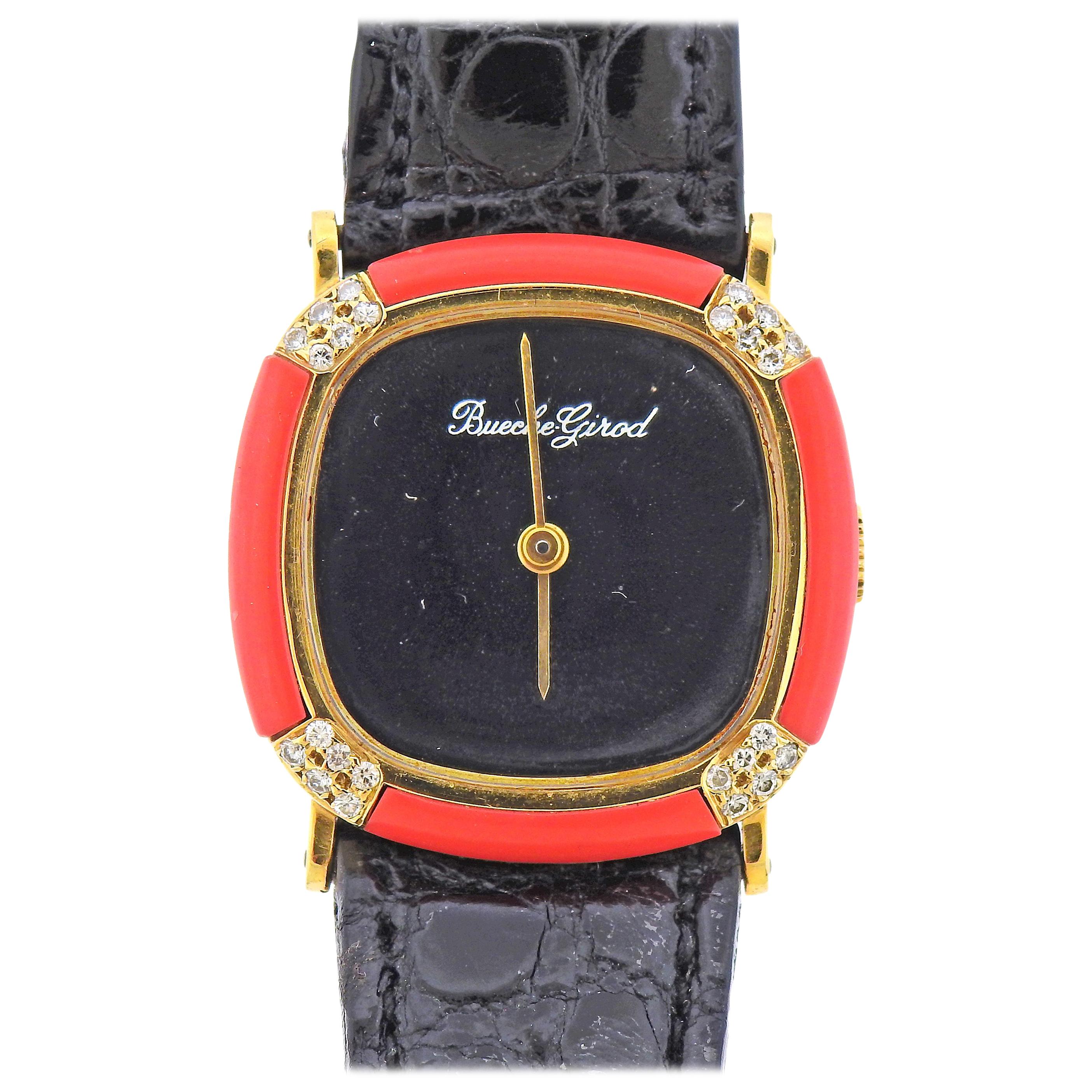 Bueche Girod Diamond Gold Coral Wristwatch For Sale