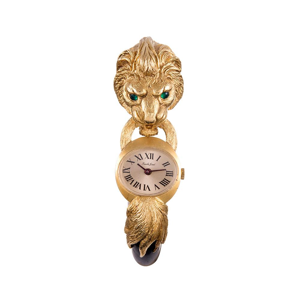 Taille cabochon Montre-bracelet Bueche Girod en or jaune et bois sculpté à tête de lion pour femmes en vente