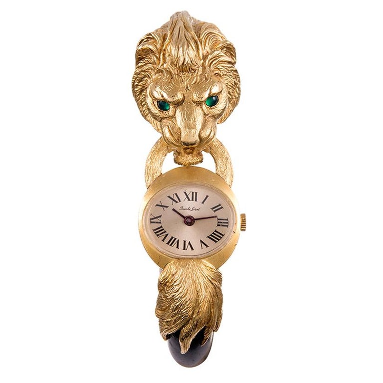 Women's Bueche Girod Ladies Yellow Gold Carved Wood Lion’s Head Wristwatch For Sale