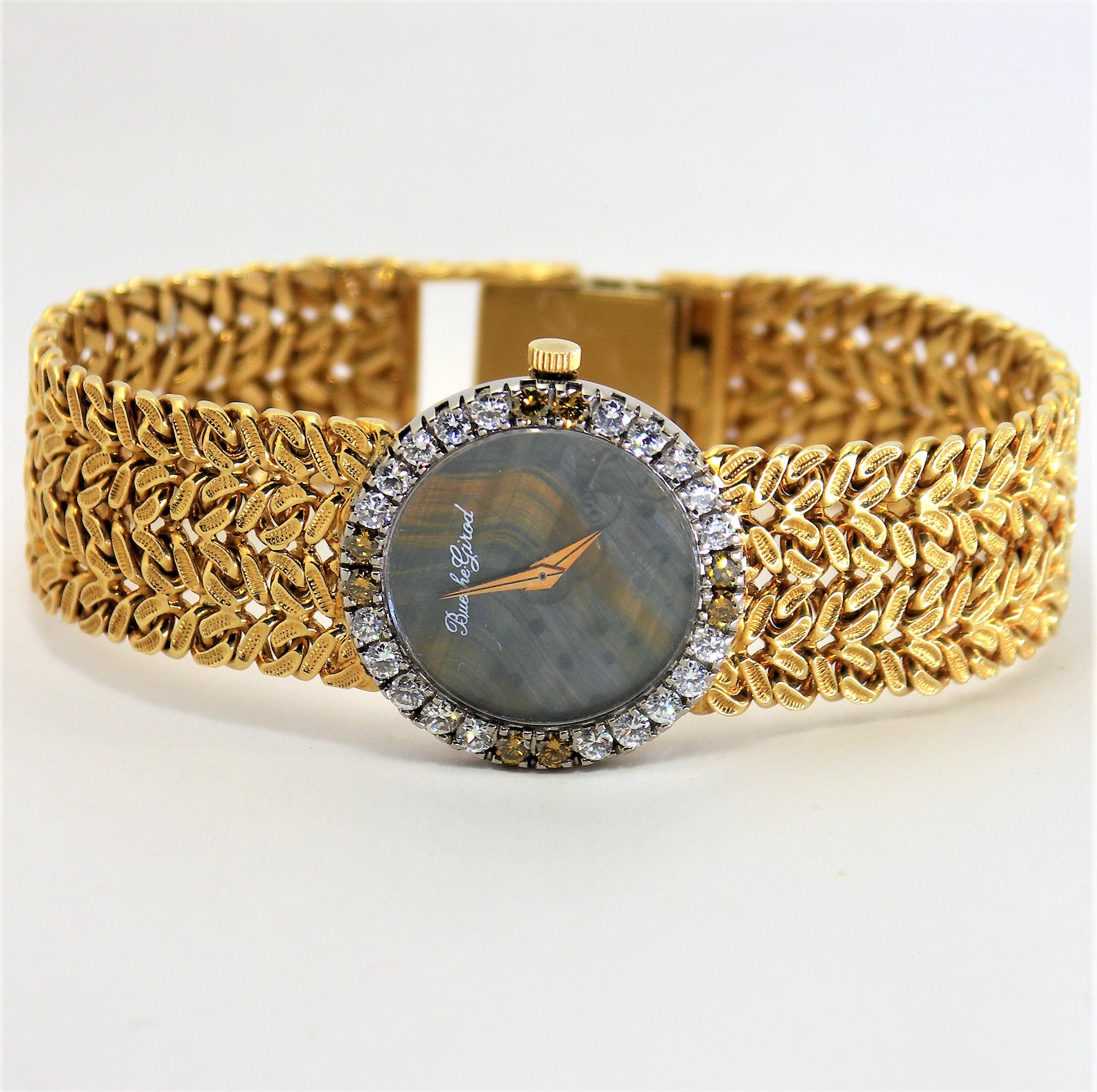 Bueche Girod Ladies Yellow Gold Diamond Multicolor Stone Dial Wristwatch In Excellent Condition In Palm Beach, FL