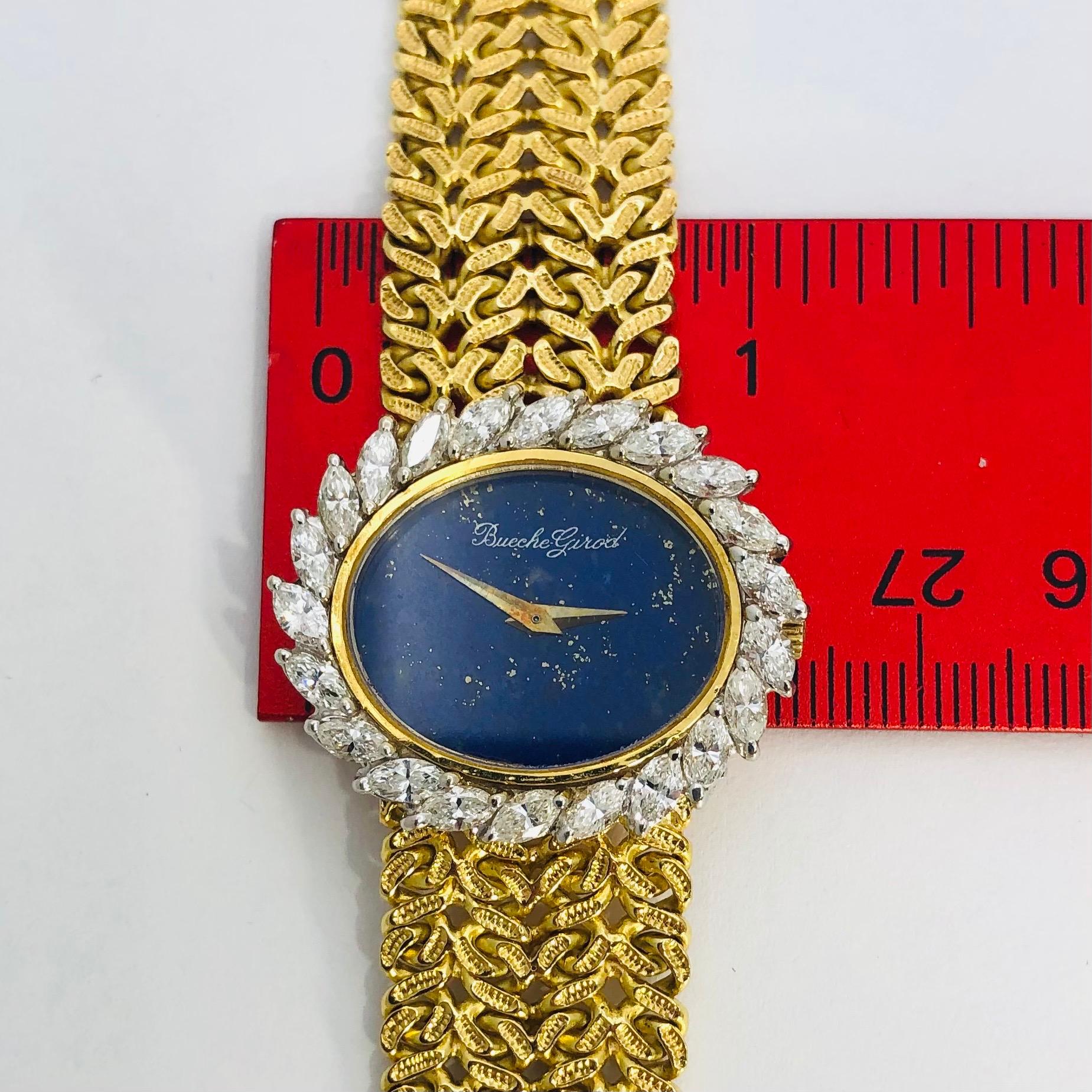 Bueche-Girod Lapis-Lazuli Dial, Diamond Bezel Classic Wristwatch In Good Condition For Sale In Palm Beach, FL