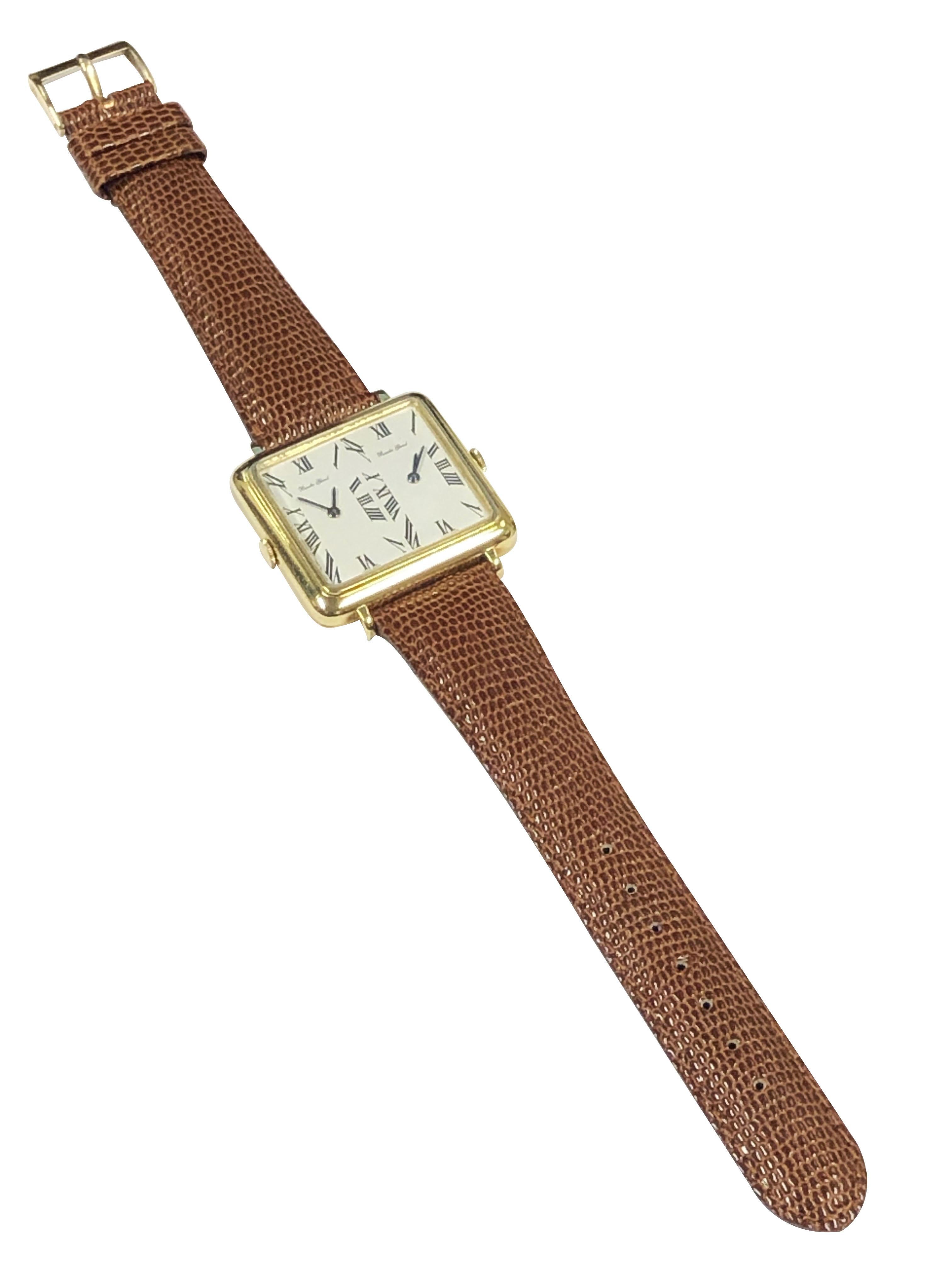 Bueche Girod Large Vintage Yellow Gold 2 Time Zone Wrist watch 2