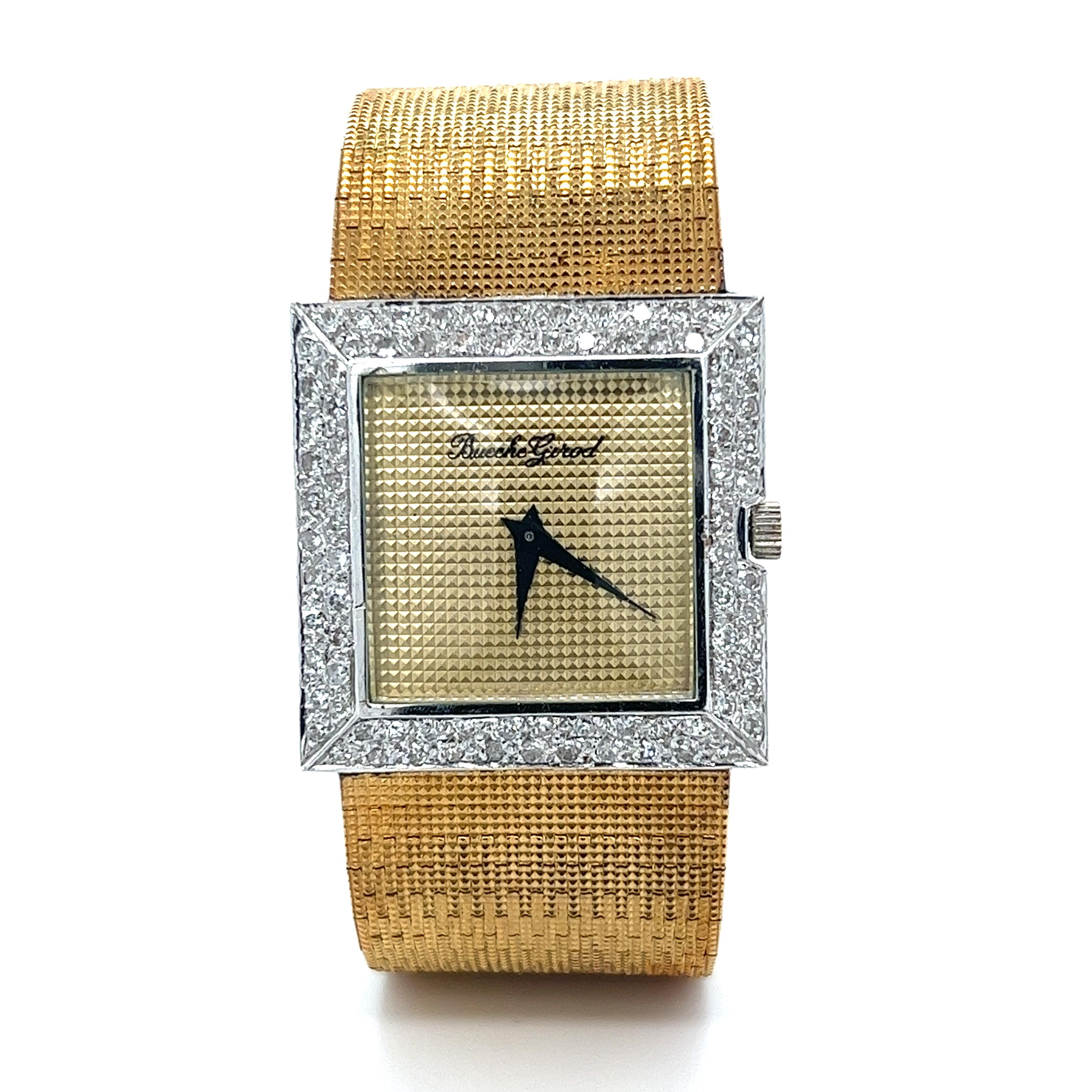 Authentic, Swiss made watch by Bueche Girod. Featuring an 18k solid gold and diamond set bezel. 

Vital Bueche founded Bueche Girod brand in 1947. He combined his own last name with his wife's, Girod. The company emblem was made up from combining