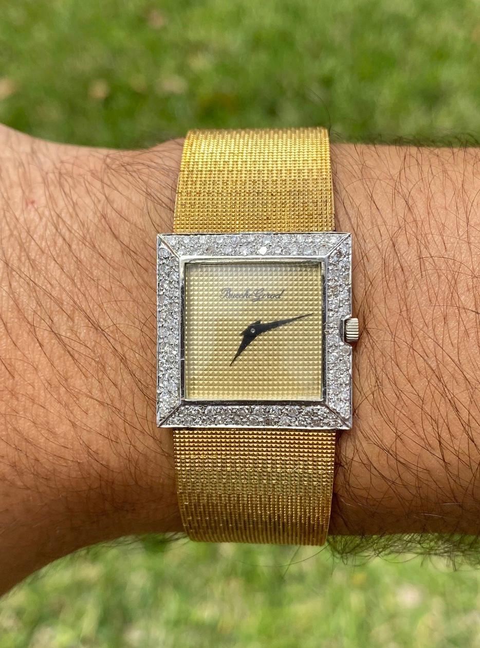 Round Cut Bueche Girod Square 18k Gold Diamond Bezel & Textured Dauphine Bracelet Watch For Sale