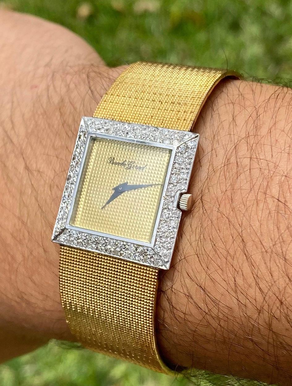 Bueche Girod Square 18k Gold Diamond Bezel & Textured Dauphine Bracelet Watch In Good Condition For Sale In Miami, FL