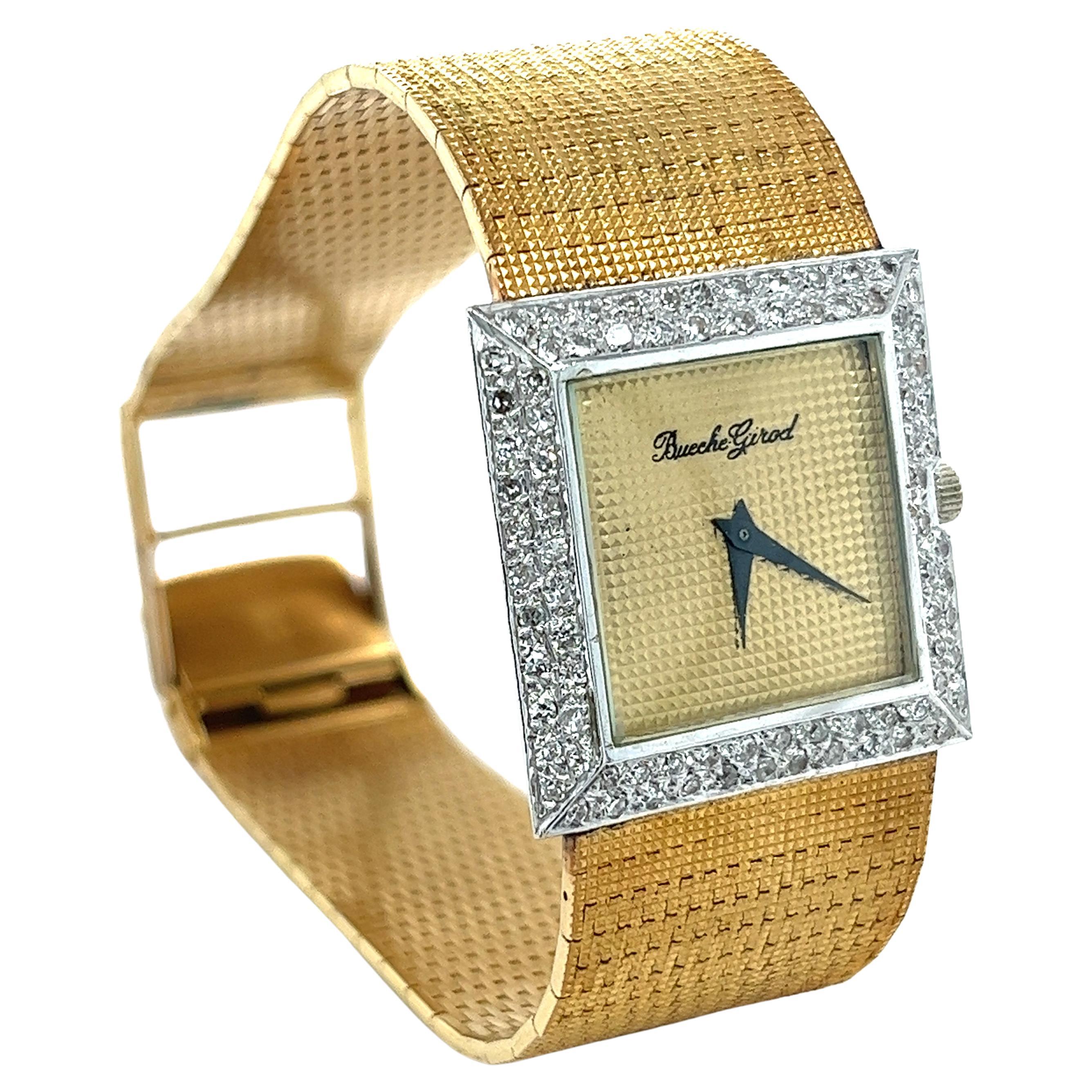 Montre carrée Bueche Girod en or 18 carats avec lunette en diamants et bracelet à dauphins texturés
