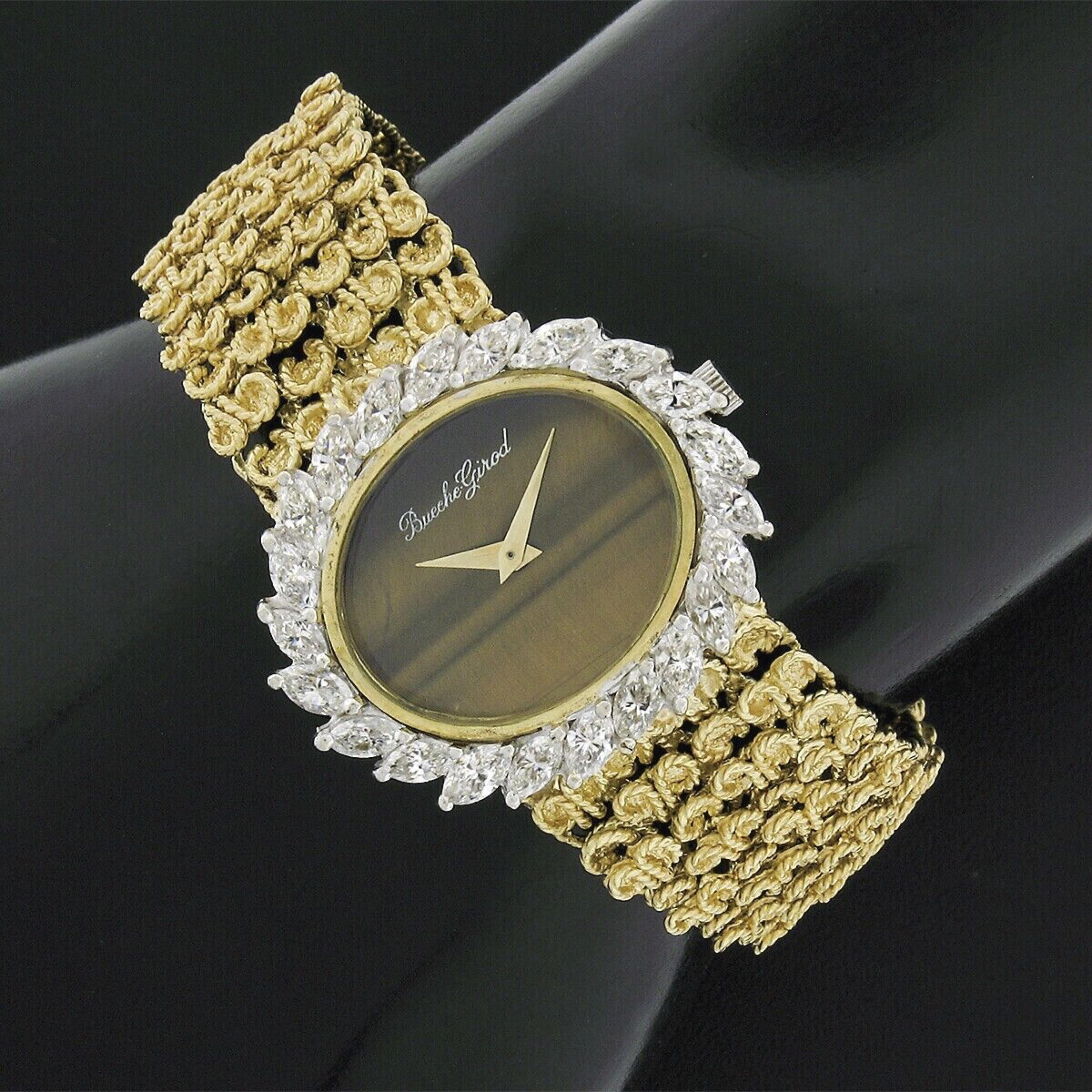 This classy, vintage, ladies' Bueche-Girod wrist watch is mounted in its original solid 18k yellow and white gold case. The case is permanently affixed to its original 18.22mm solid 18k yellow gold twisted wire pattern bracelet. The 