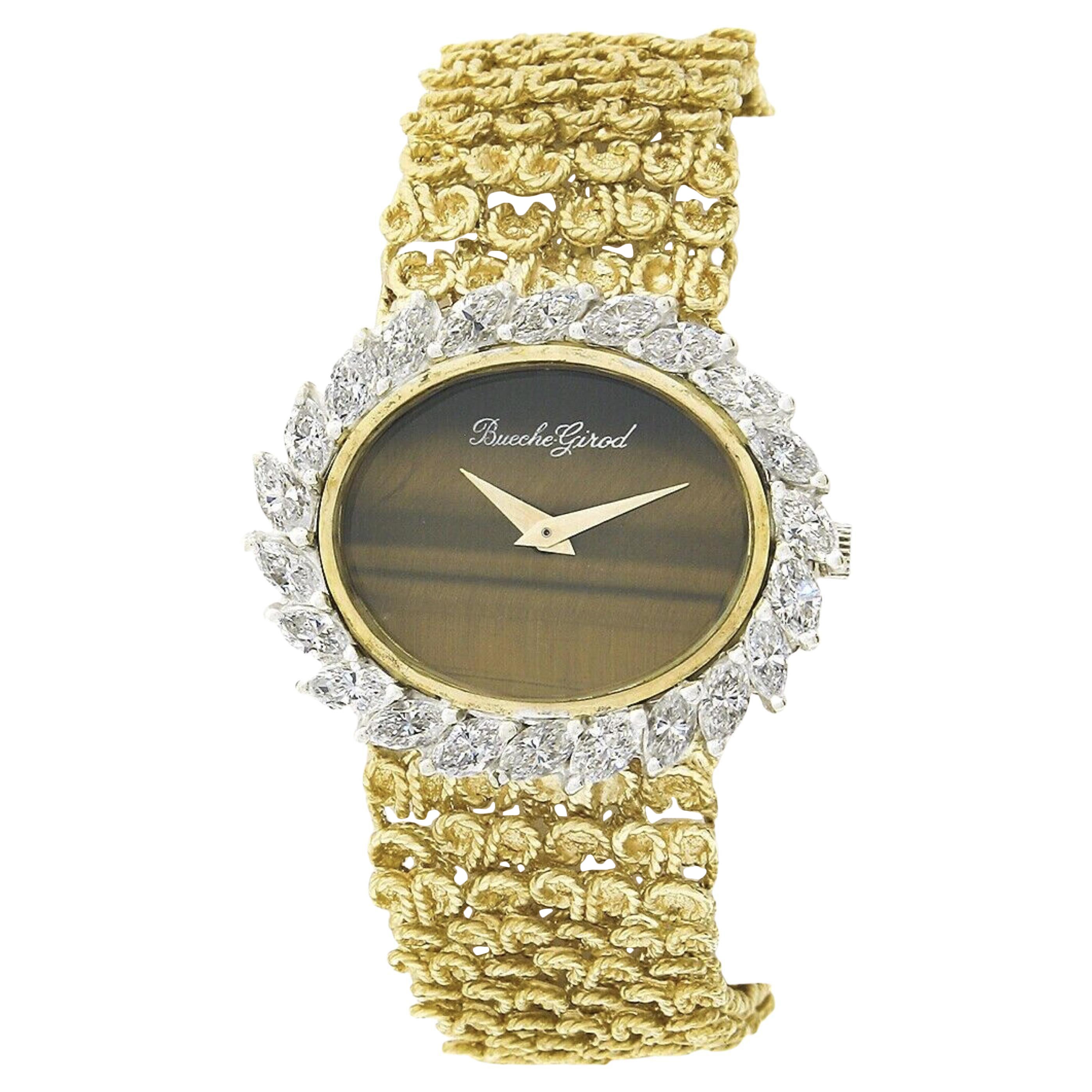Bueche Girod Tigerauge 18k Gold 2,64ctw Marquise Diamant Oval Armbanduhr Y9802